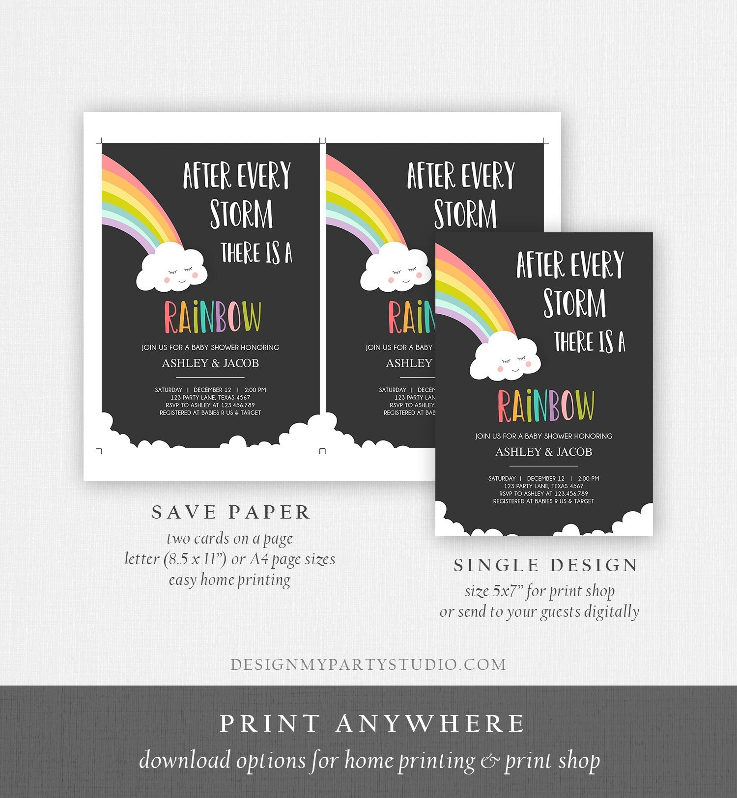 Editable Rainbow Baby Shower Invitation Rainbow Baby After a Loss Cloud Gender Neutral Download Printable Template Corjl Digital 0233