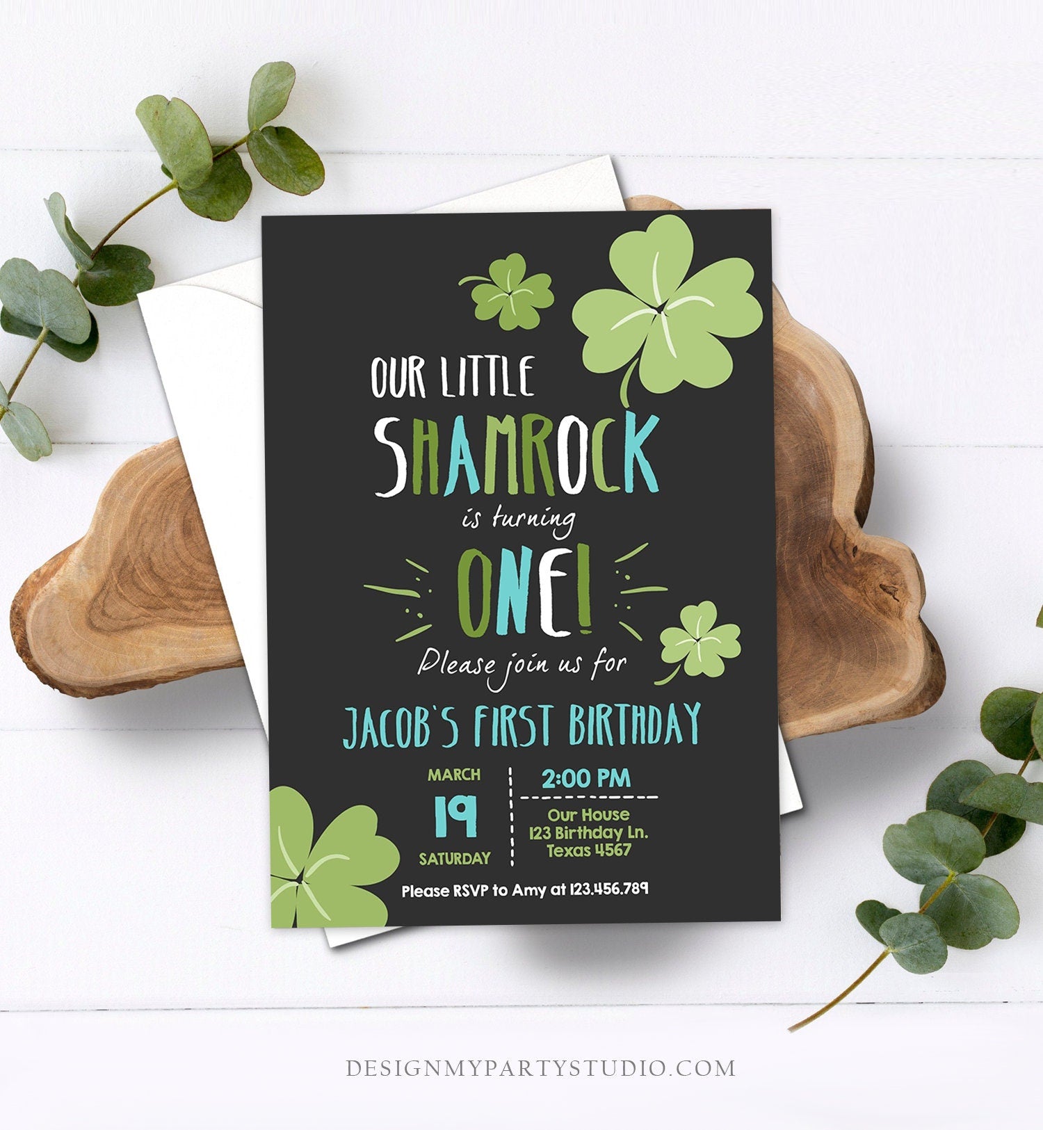 Editable St. Patrick's Day Birthday Invitation Boy Shamrock Clover St Patricks day Birthday Lucky One Printable Invite Template Corjl 0289