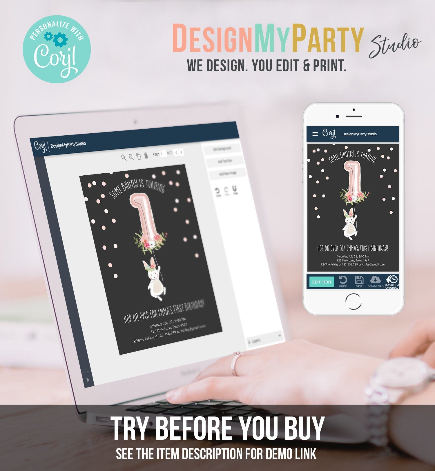 Editable Bunny Birthday Invitation Girl 1st Birthday Pink Gold Floral Bunny Spring Birthday Blush Printable Template Download Corjl 0117