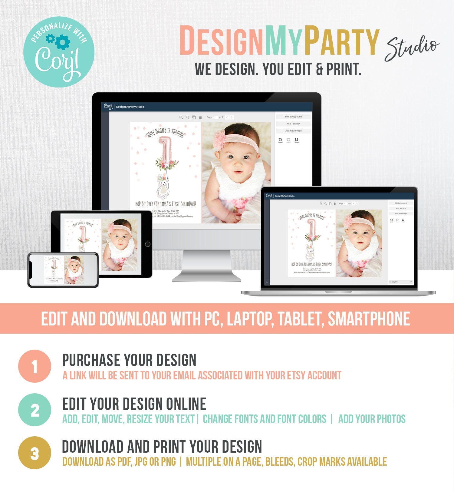 Editable Bunny Birthday Invitation Girl 1st Birthday Pink Gold Floral Bunny Spring Birthday Blush Printable Template Download Corjl 0117