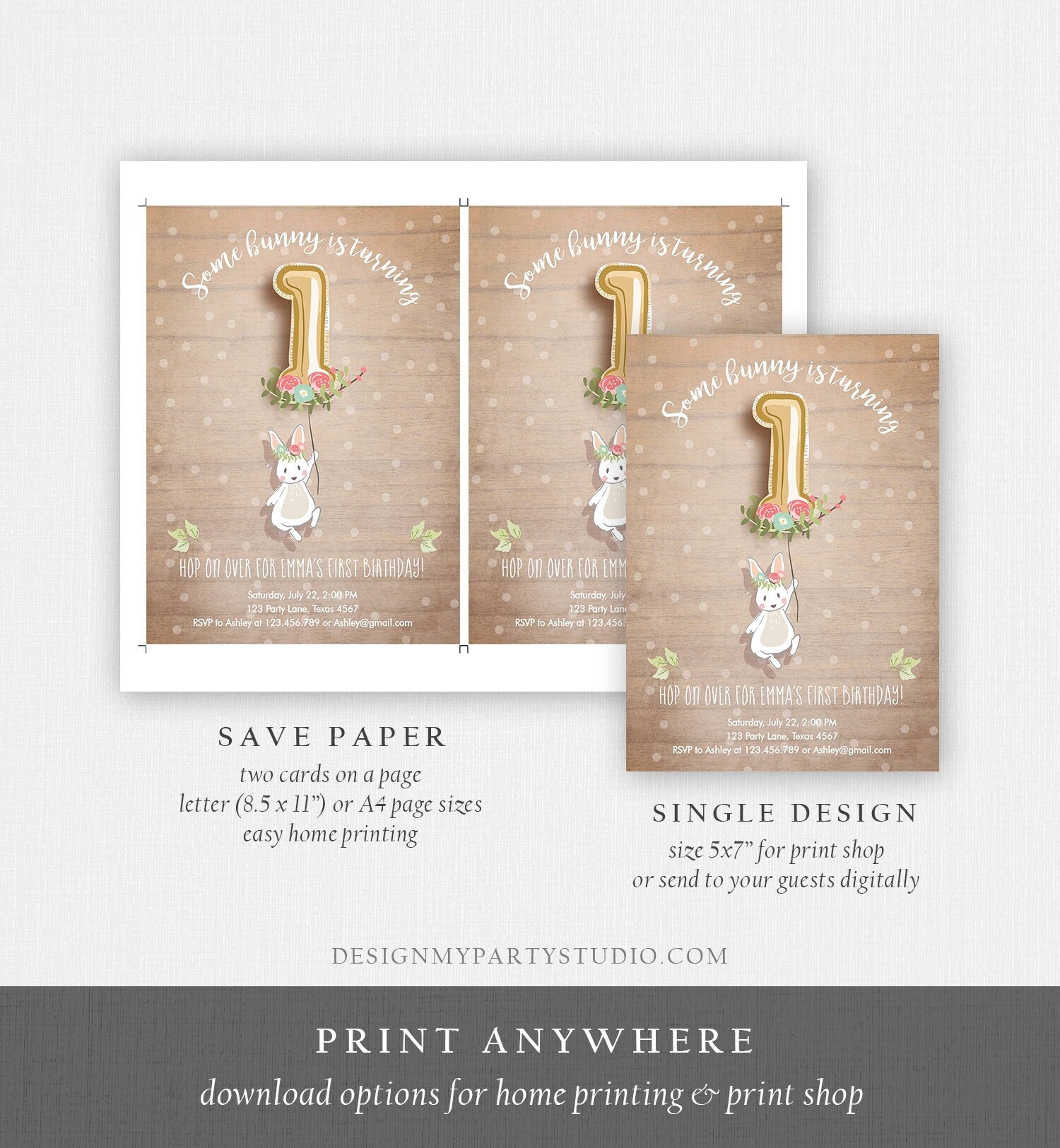 Editable Bunny Birthday Invitation Girl 1st Birthday Pink Gold Floral Bunny Spring Birthday Wood Printable Template Download Corjl 0117