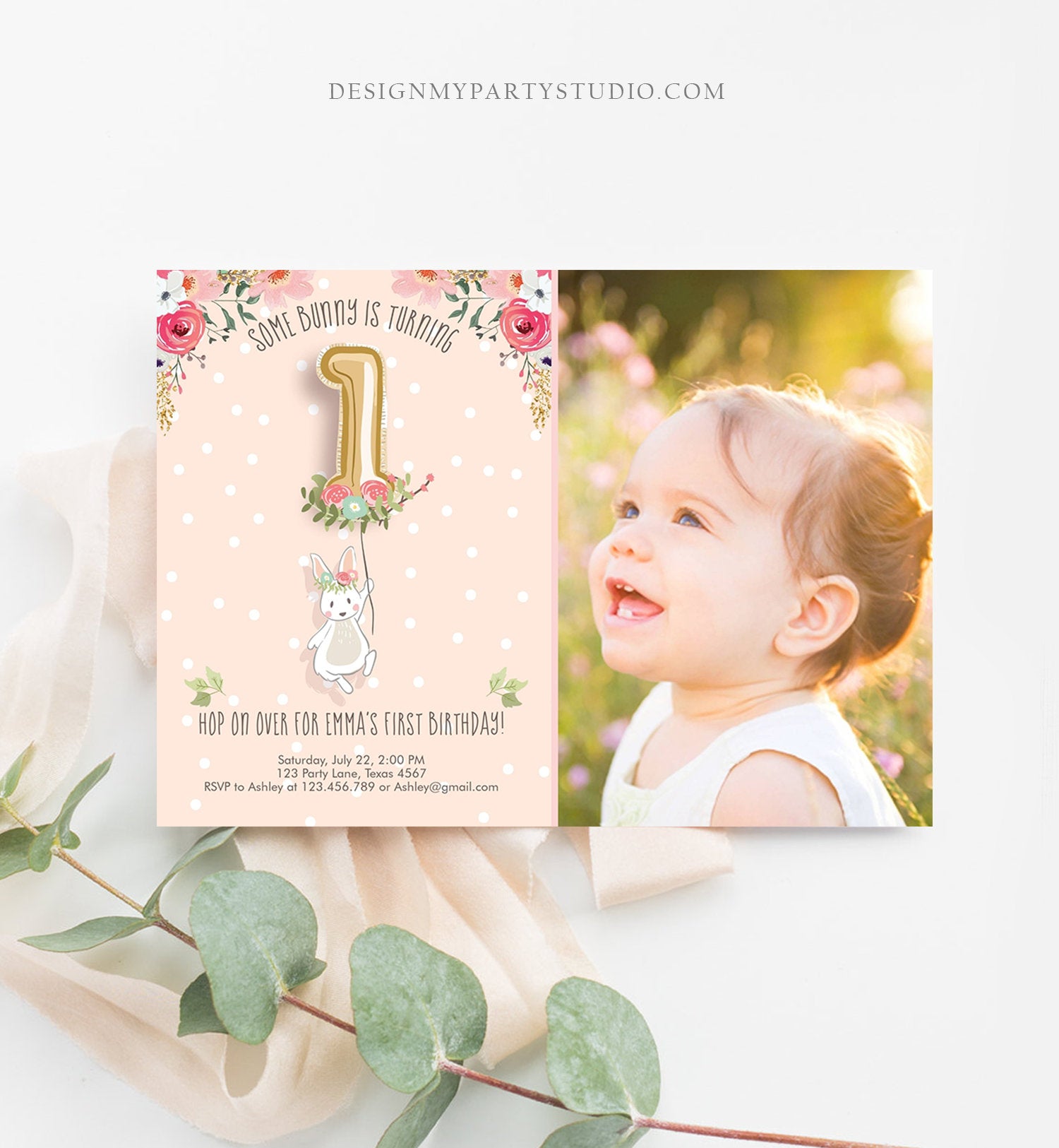 Editable Bunny Birthday Invitation Girl 1st Birthday Pink Gold Floral Bunny Spring Birthday Blush Printable Template Download Corjl 0117