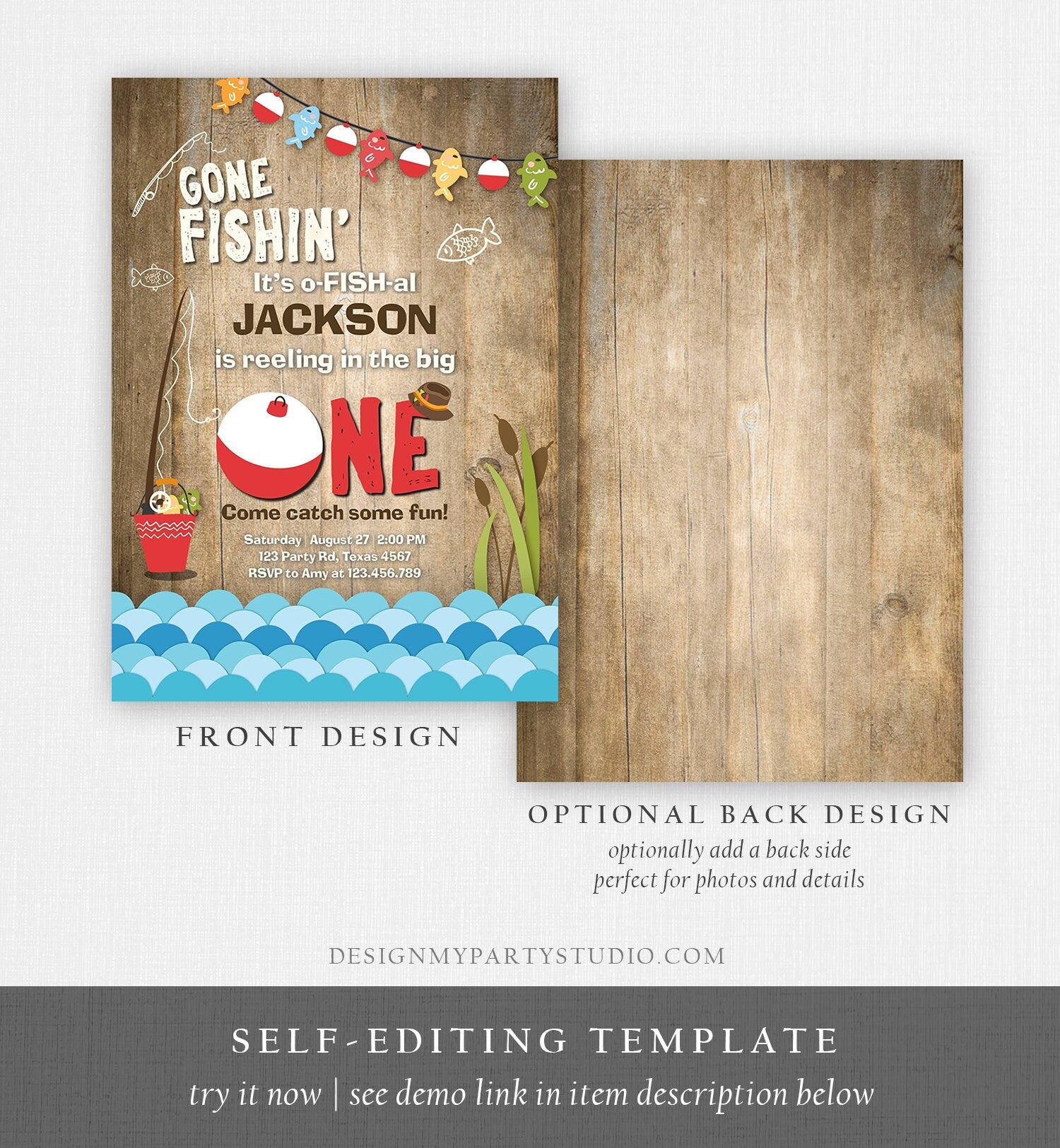 Editable First Birthday Fishing Invitation Fishing Party The Big One O-fish-al Gone Fishing Boy Download Printable Template Corjl 0080