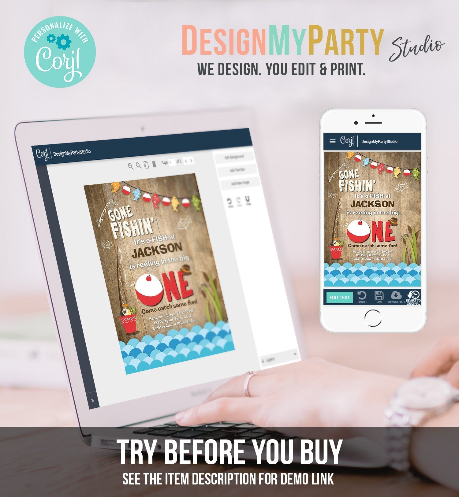 Editable First Birthday Fishing Invitation Fishing Party The Big One O-fish-al Gone Fishing Boy Download Printable Template Corjl 0080