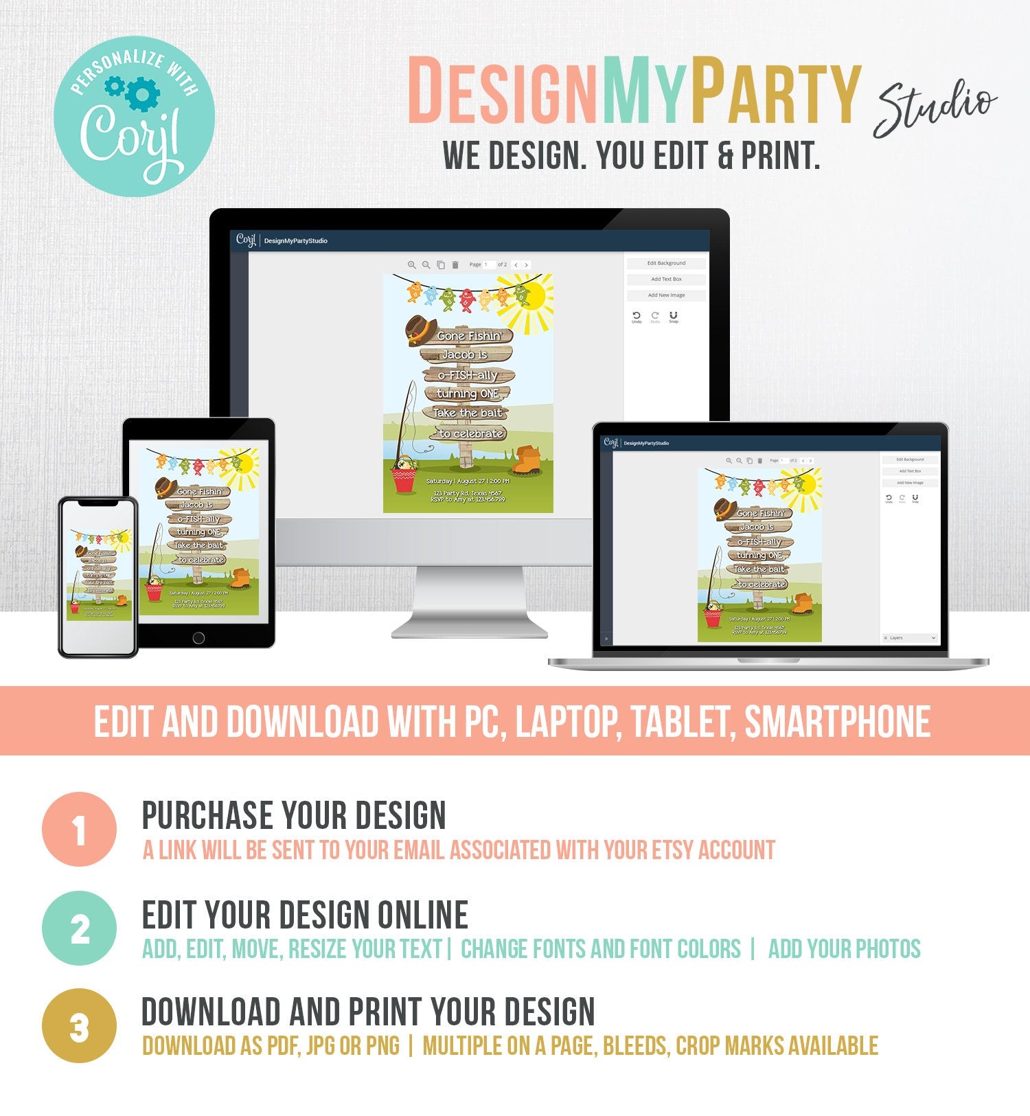 Editable First Birthday Fishing Invitation Fishing Party The Big One O-fish-al Gone Fishing Boy Download Printable Template Corjl 0080