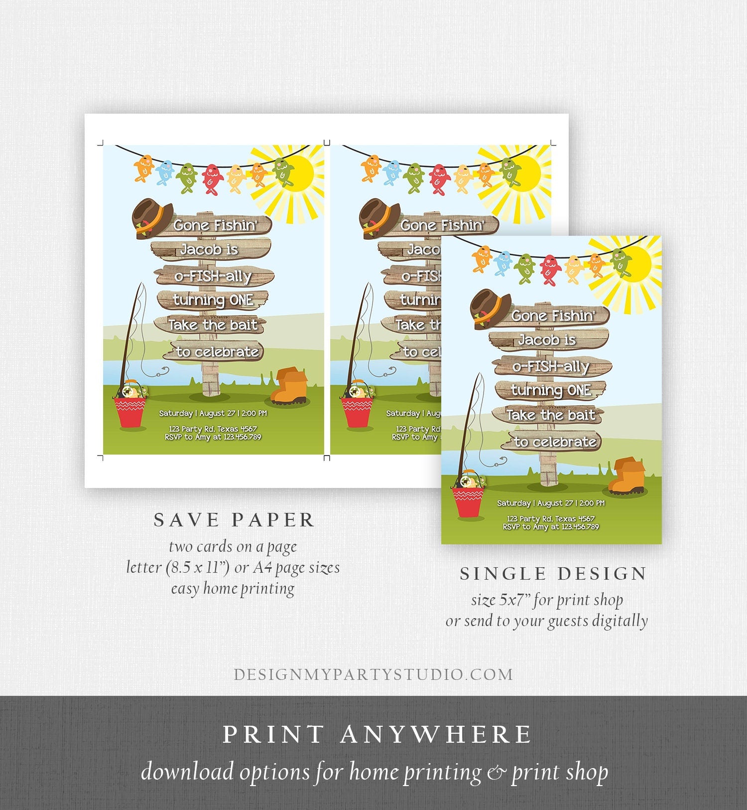 Editable First Birthday Fishing Invitation Fishing Party The Big One O-fish-al Gone Fishing Boy Download Printable Template Corjl 0080