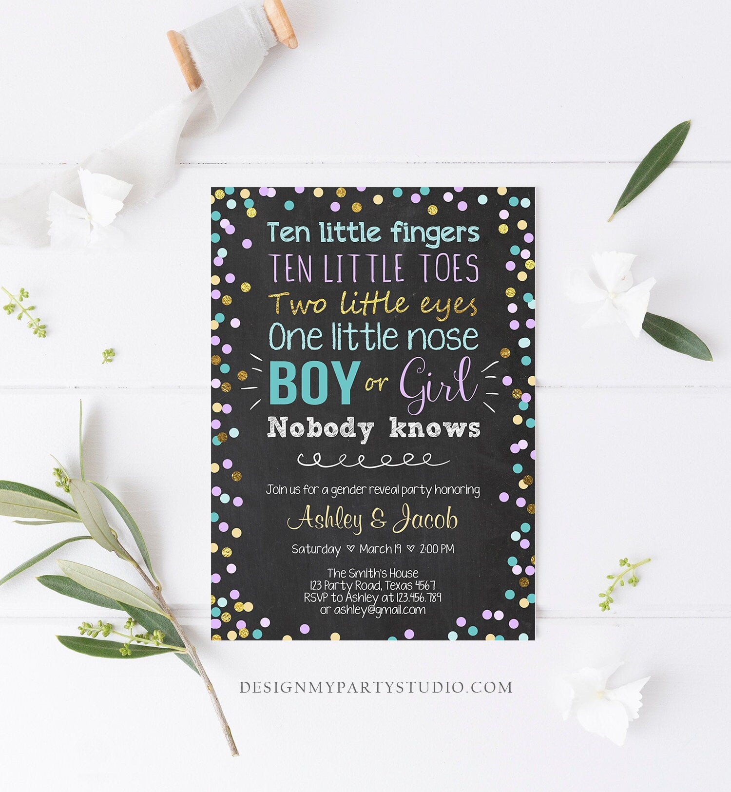 Editable Gender Reveal Invitation Baby Shower Boy or Girl Purple Blue He or She Confetti Gold Corjl Template Instant Download Digital 0133