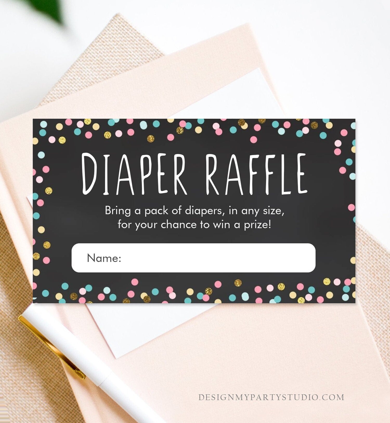 Editable Diaper Raffle Ticket Confetti Gender Neutral Blue Pink Gold Diaper Game Ticket Baby Shower Insert Template PRINTABLE Corjl 0133