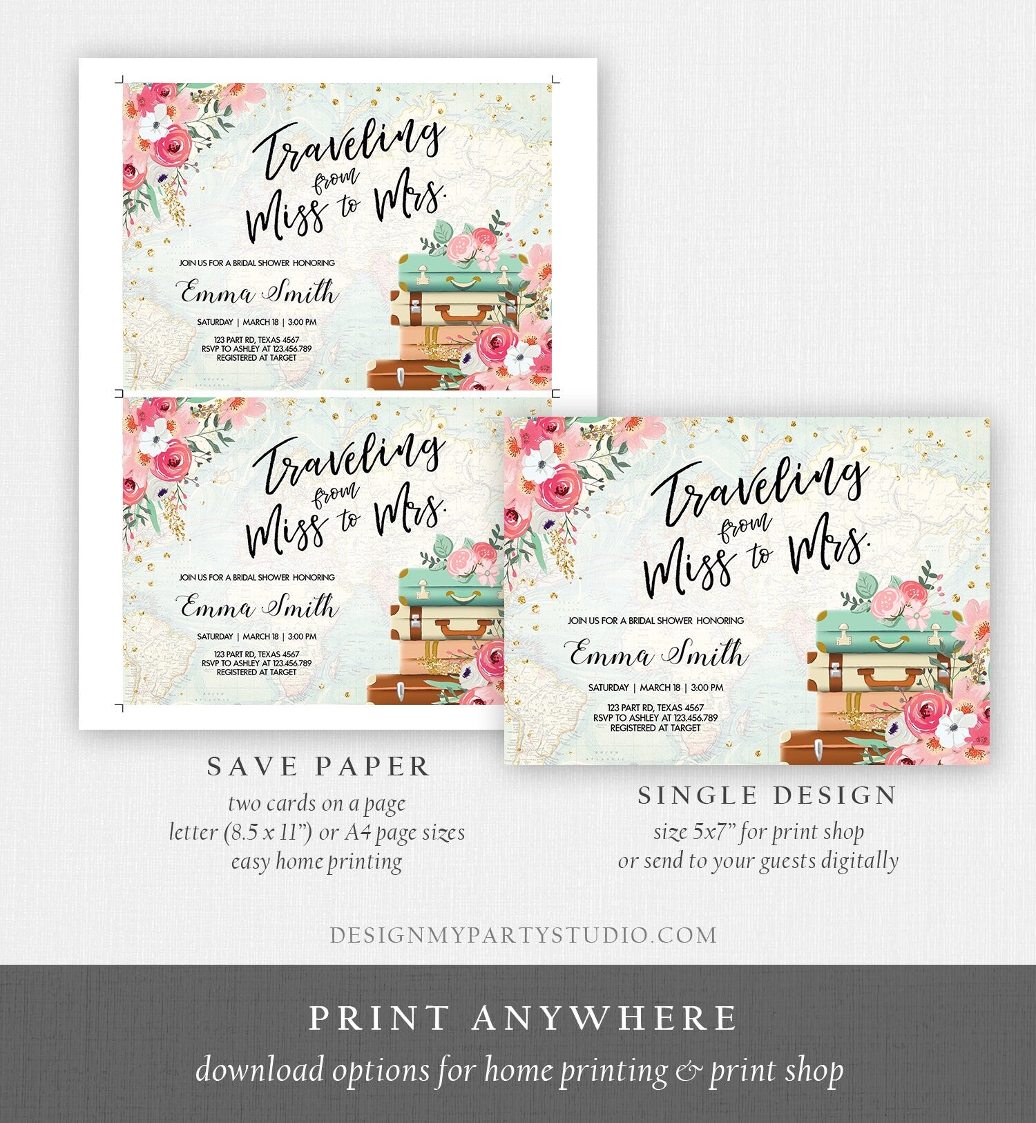 Editable Miss to Mrs Travel Bridal Shower Invitation Pink Flowers Suitcase Gold Confetti Traveling Download Printable Corjl Template 0030