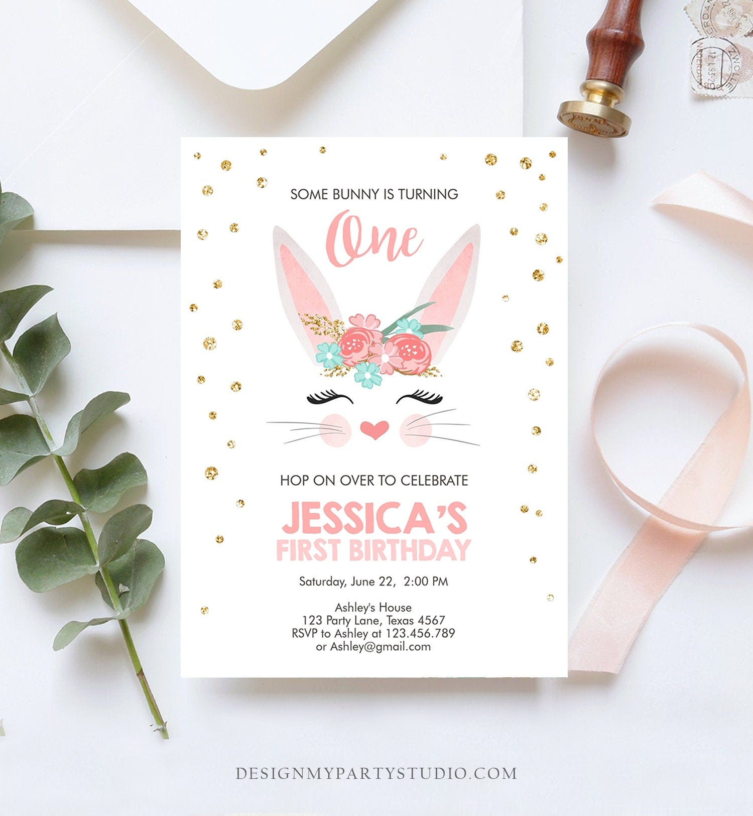 Editable Bunny Birthday Invitation Girl Birthday Pink Gold Floral Bunny Face Spring Birthday Easter Printable Template Download Corjl 0238