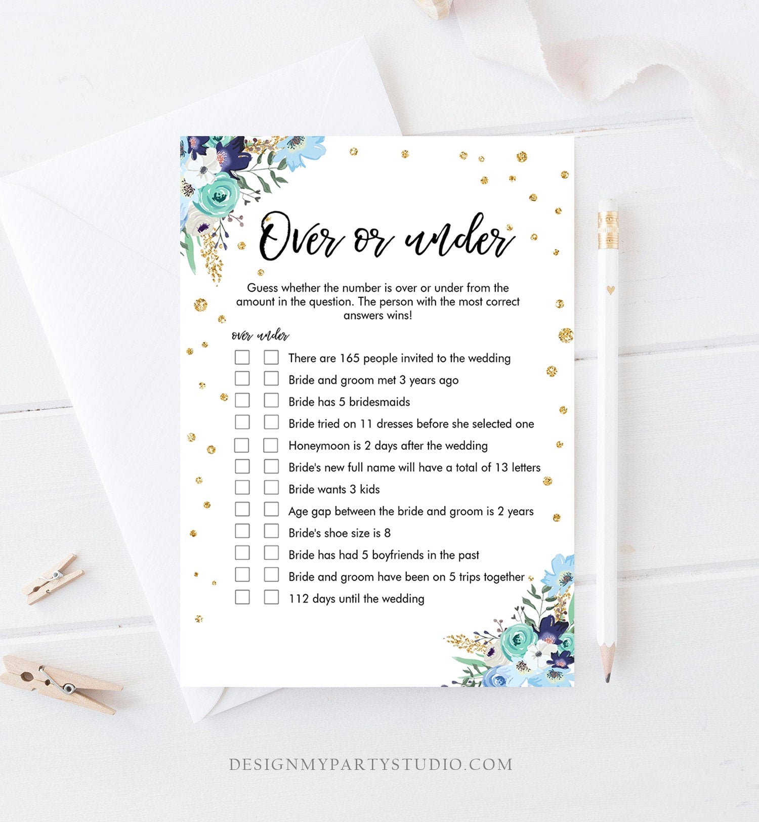 Editable Over or Under Bridal Shower Game Floral Greenery Flowers Blue Gold Confetti Hens Night Guessing Pink Flowers Corjl Template 0030