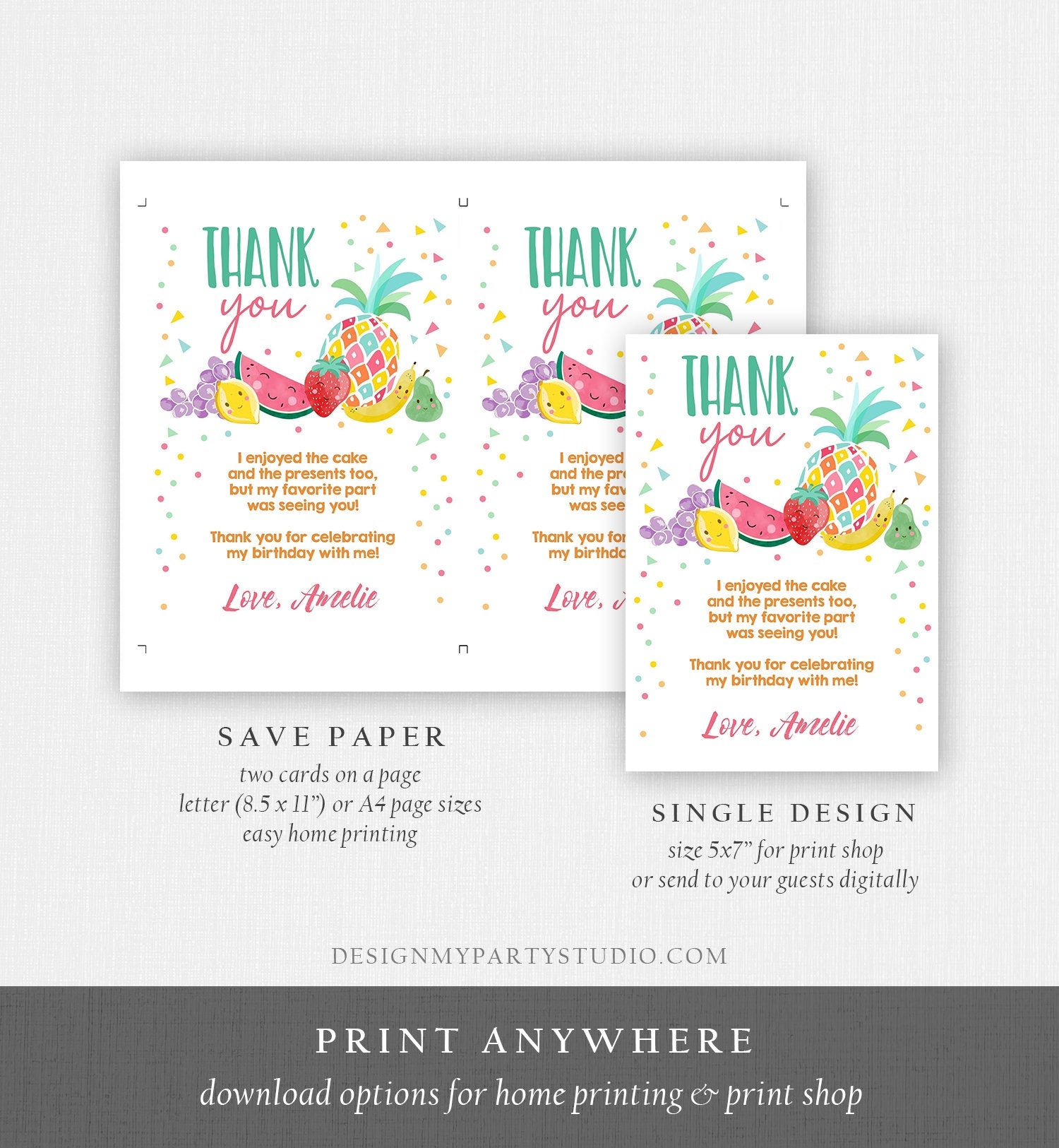 Editable Twotti Frutti Thank You Card Fruit Birthday Tutti Frutty Birthday Girl Summer Fruit Download Printable Template Digital Corjl 0139