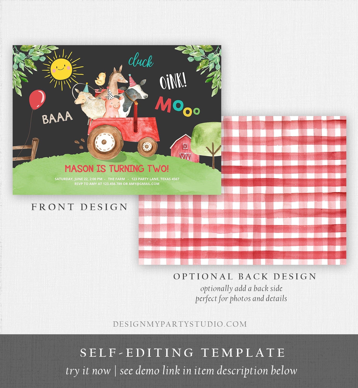 Editable Farm Birthday Invitation Boy Farm Animals Red Tractor Leaves Barnyard Party Cow Pig Download Printable Template Digital Corjl 0155