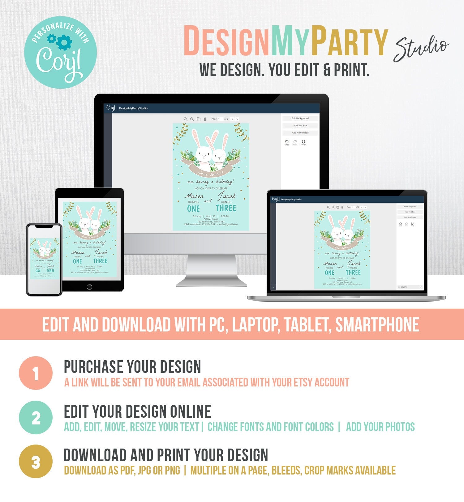 Editable Bunny Birthday Invitation Twins Birthday Blue Twin Boys Birthday Brothers Bunnies Printable Template Download Corjl Digital 0104