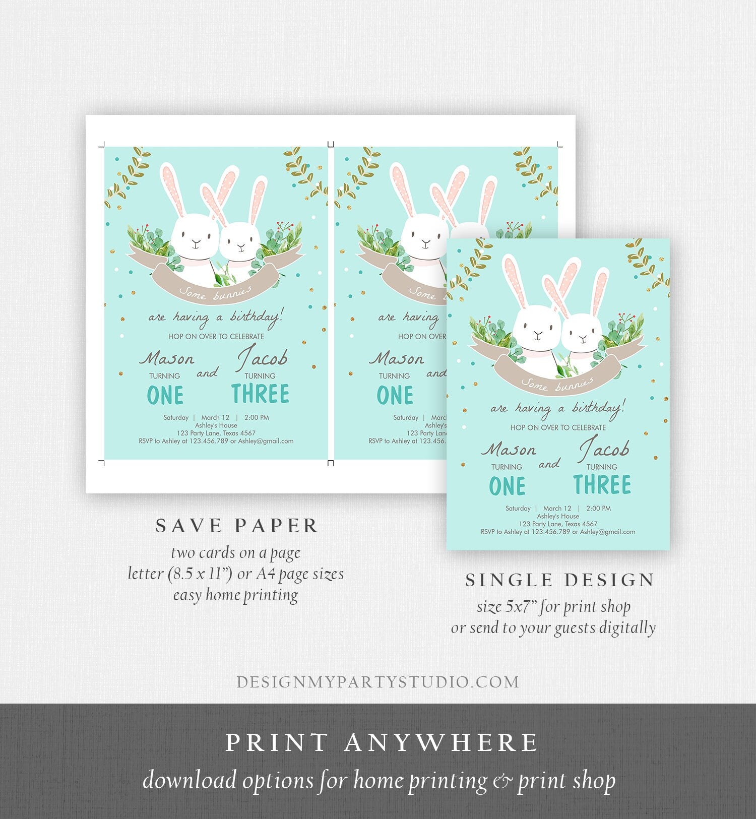 Editable Bunny Birthday Invitation Twins Birthday Blue Twin Boys Birthday Brothers Bunnies Printable Template Download Corjl Digital 0104