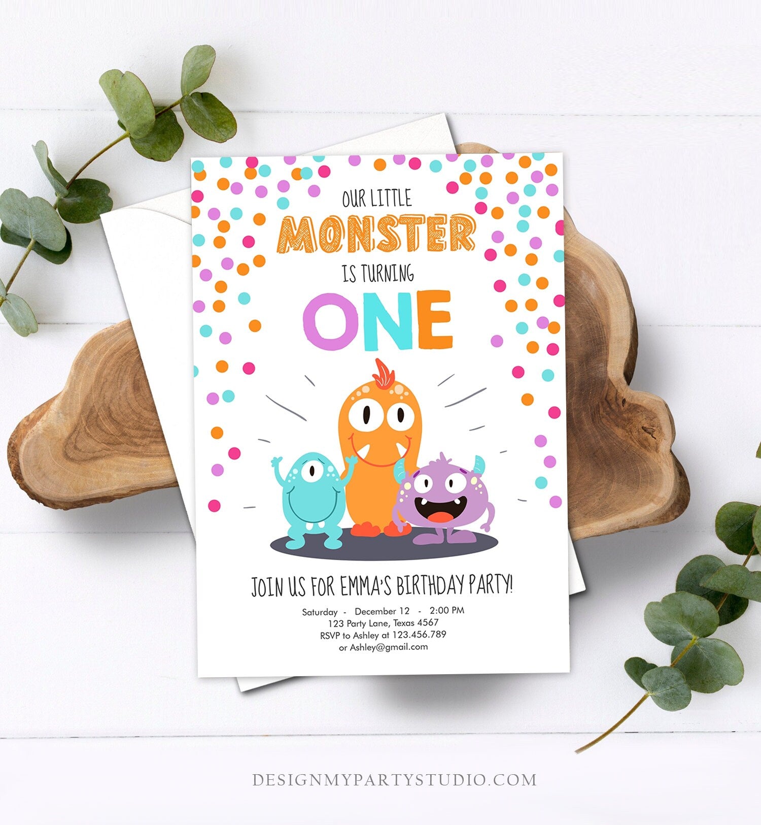 Editable Little Monster Birthday Invitation First Birthday Party Monsters Girl Confetti 1st Pink Purple One Printable Corjl Template 0058