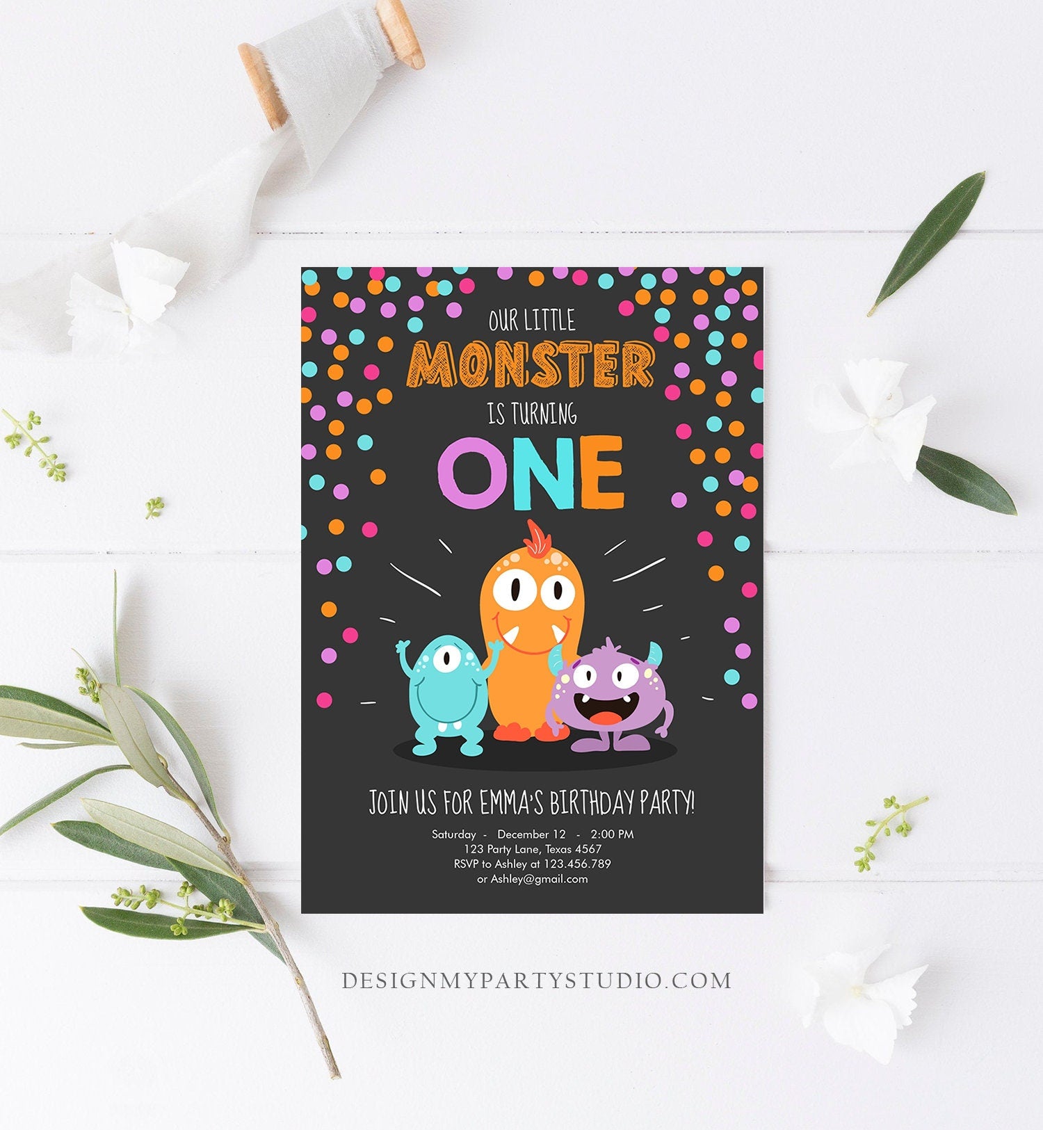 Editable Little Monster Birthday Invitation First Birthday Party Monsters Girl Confetti 1st Pink Purple One Printable Corjl Template 0058