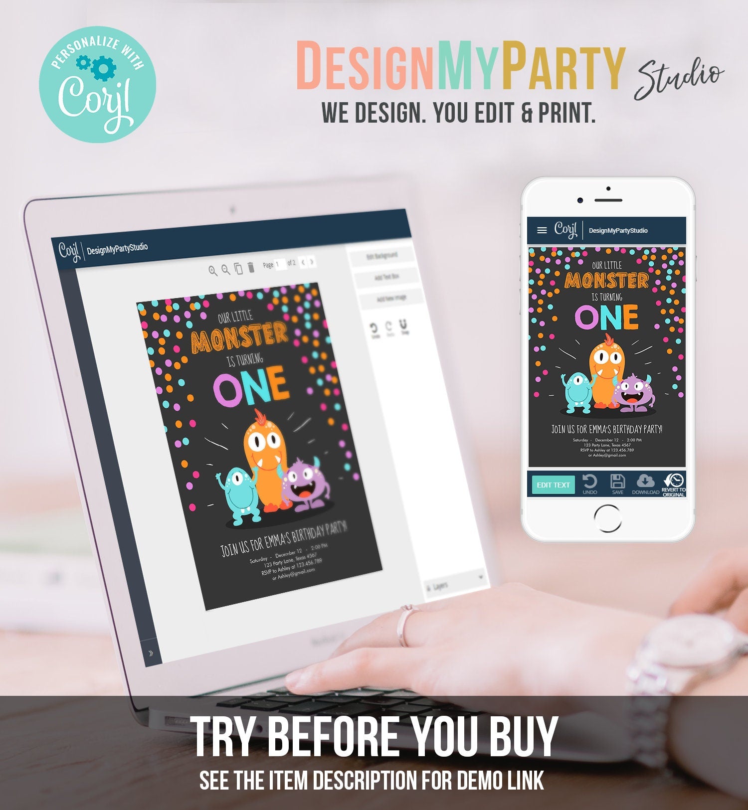 Editable Little Monster Birthday Invitation First Birthday Party Monsters Girl Confetti 1st Pink Purple One Printable Corjl Template 0058