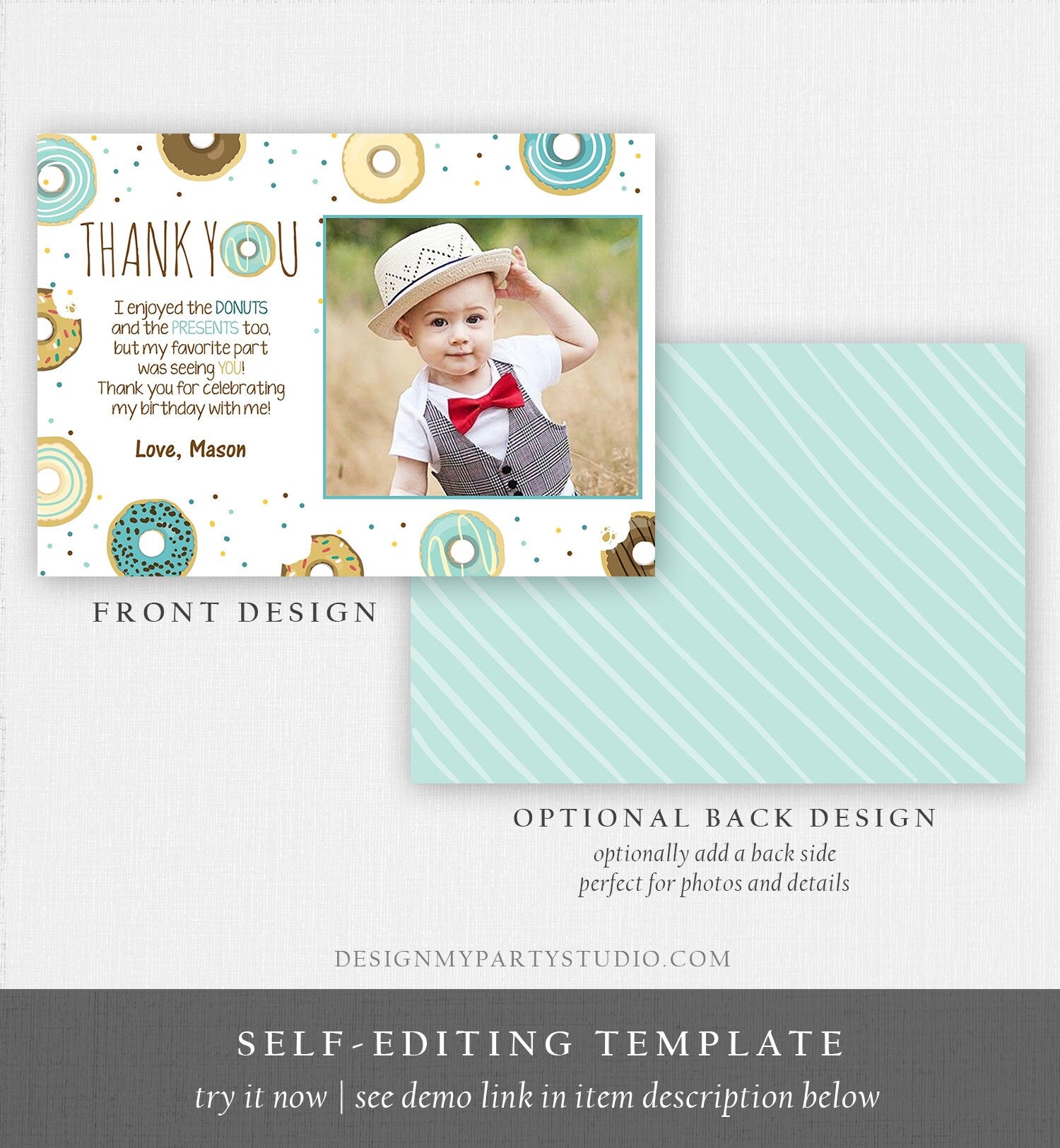 Editable Donut Thank You Card Note Blue Boy Birthday Party Doughnut Thank You Photo Sweet First Birthday 1st Corjl Template Printable 0050