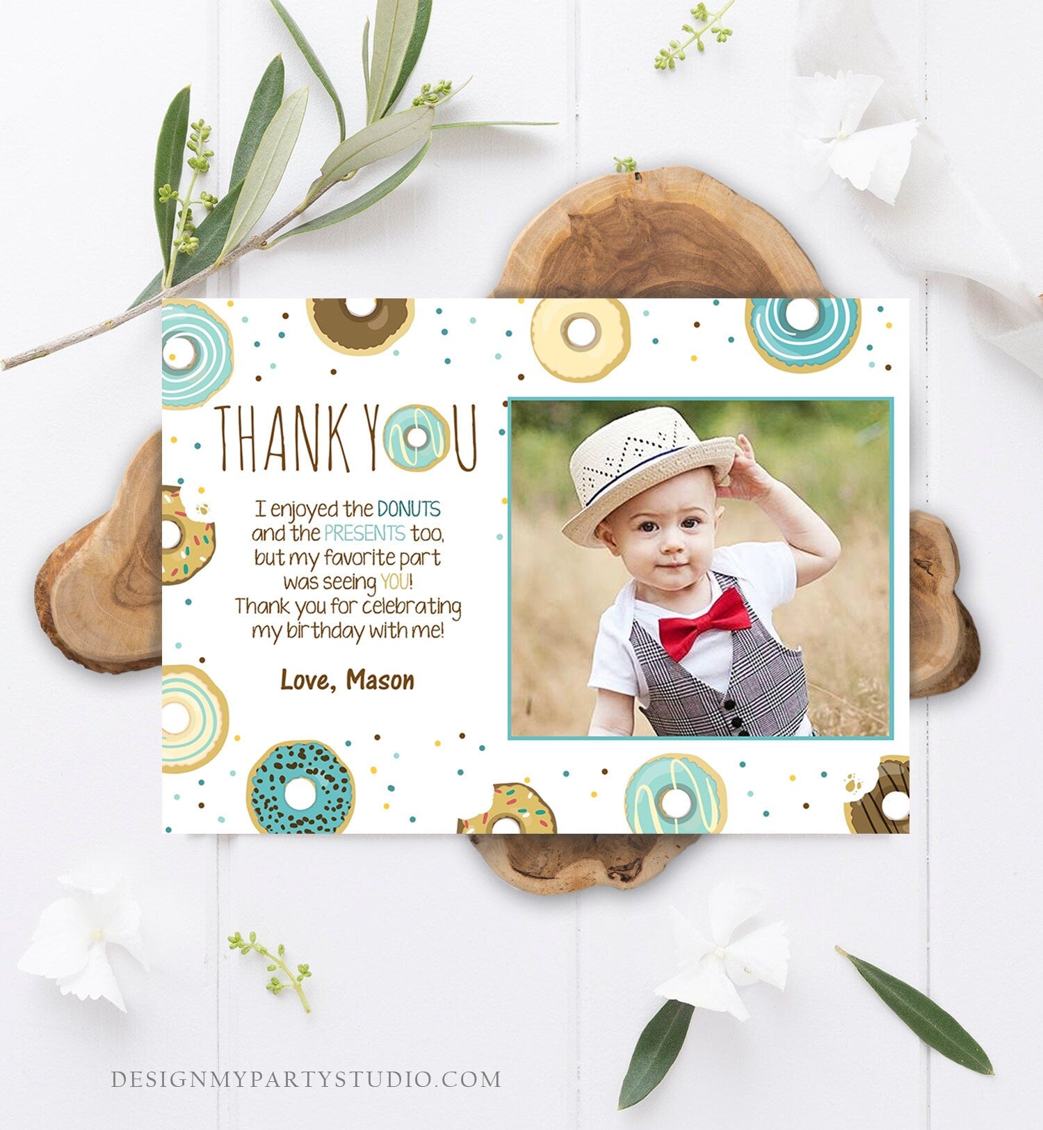 Editable Donut Thank You Card Note Blue Boy Birthday Party Doughnut Thank You Photo Sweet First Birthday 1st Corjl Template Printable 0050