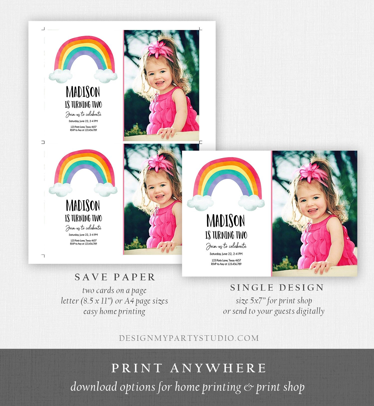 Editable Rainbow Birthday Invitation Kids Girl Boy Neutral Party Clouds Colorful Rainbow Colors Printable Corjl Template Digital 0272