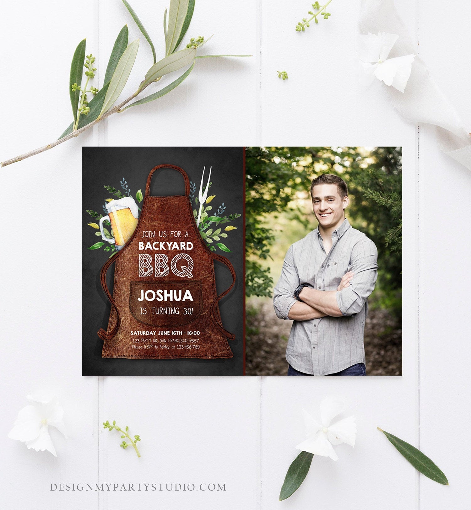 Editable BBQ Birthday Invitation Barbecue Backyard Party Cheers Beer Grill Apron 30th 40th Adult Wood Grill and Chill Corjl Template 0321