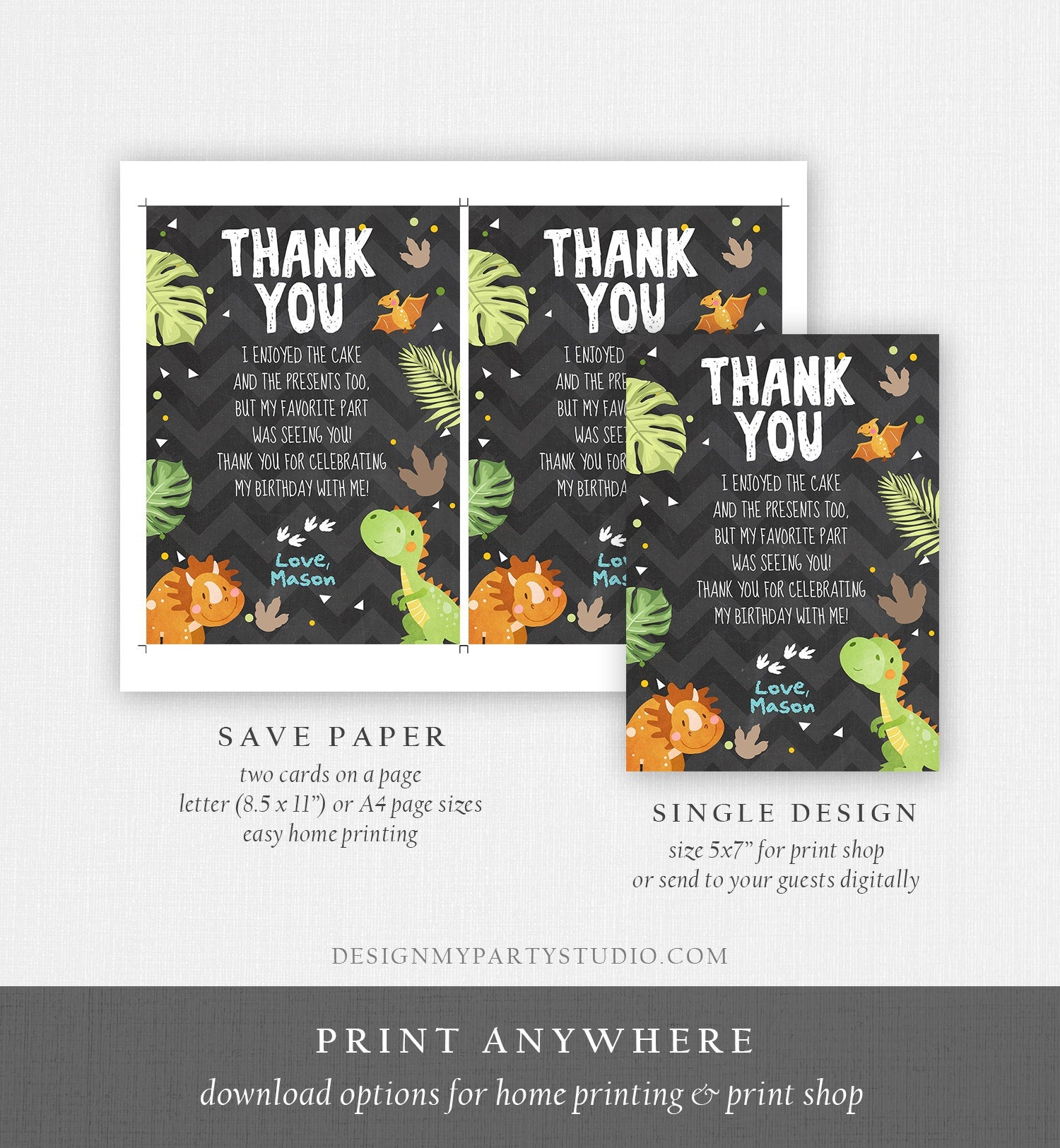 Editable Dinosaur Thank You Card Boy Prehistoric Dino Dig Party T-Rex Fossil Foot Prints Digital Download Printable Template Corjl 0283