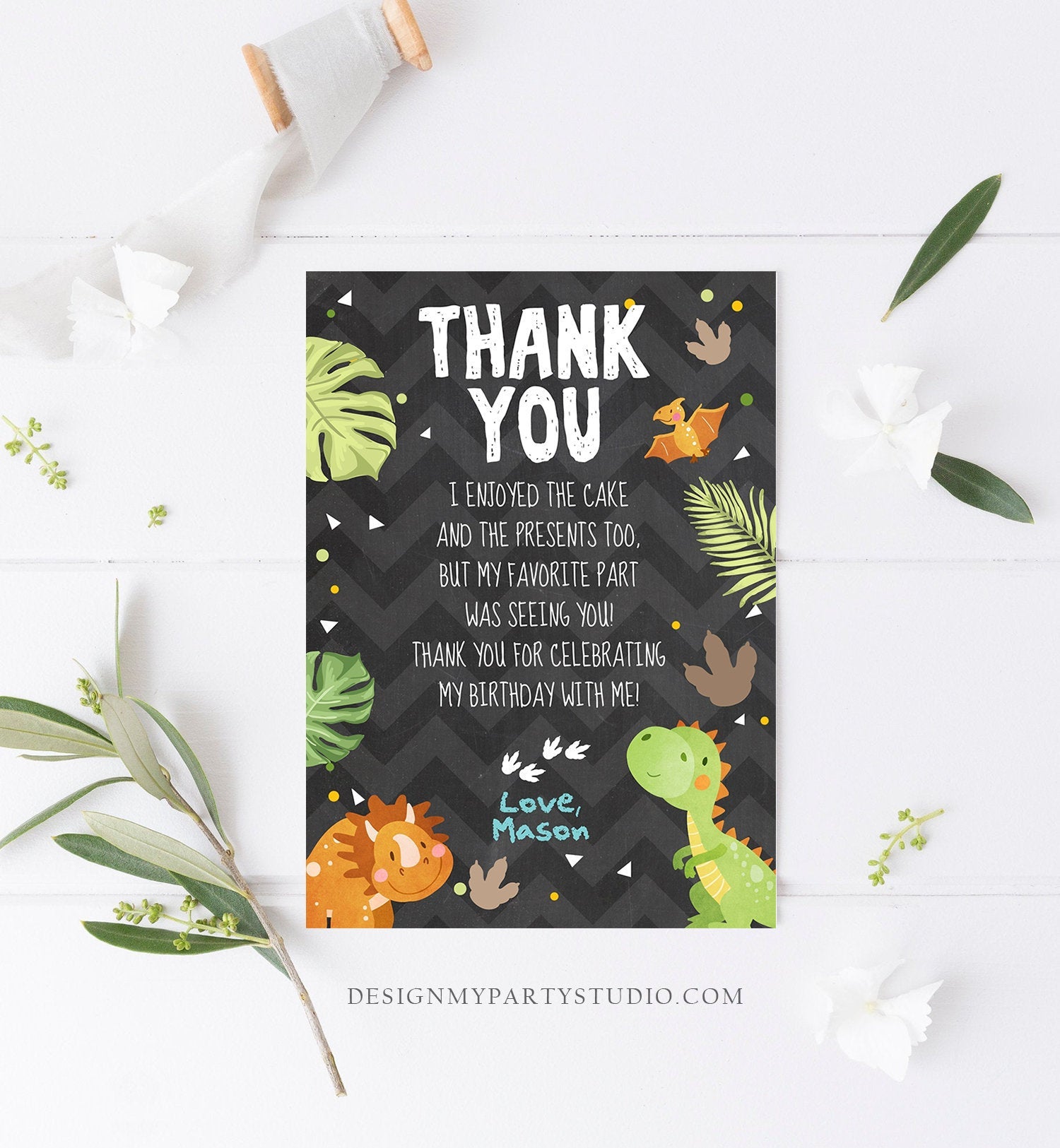 Editable Dinosaur Thank You Card Boy Prehistoric Dino Dig Party T-Rex Fossil Foot Prints Digital Download Printable Template Corjl 0283