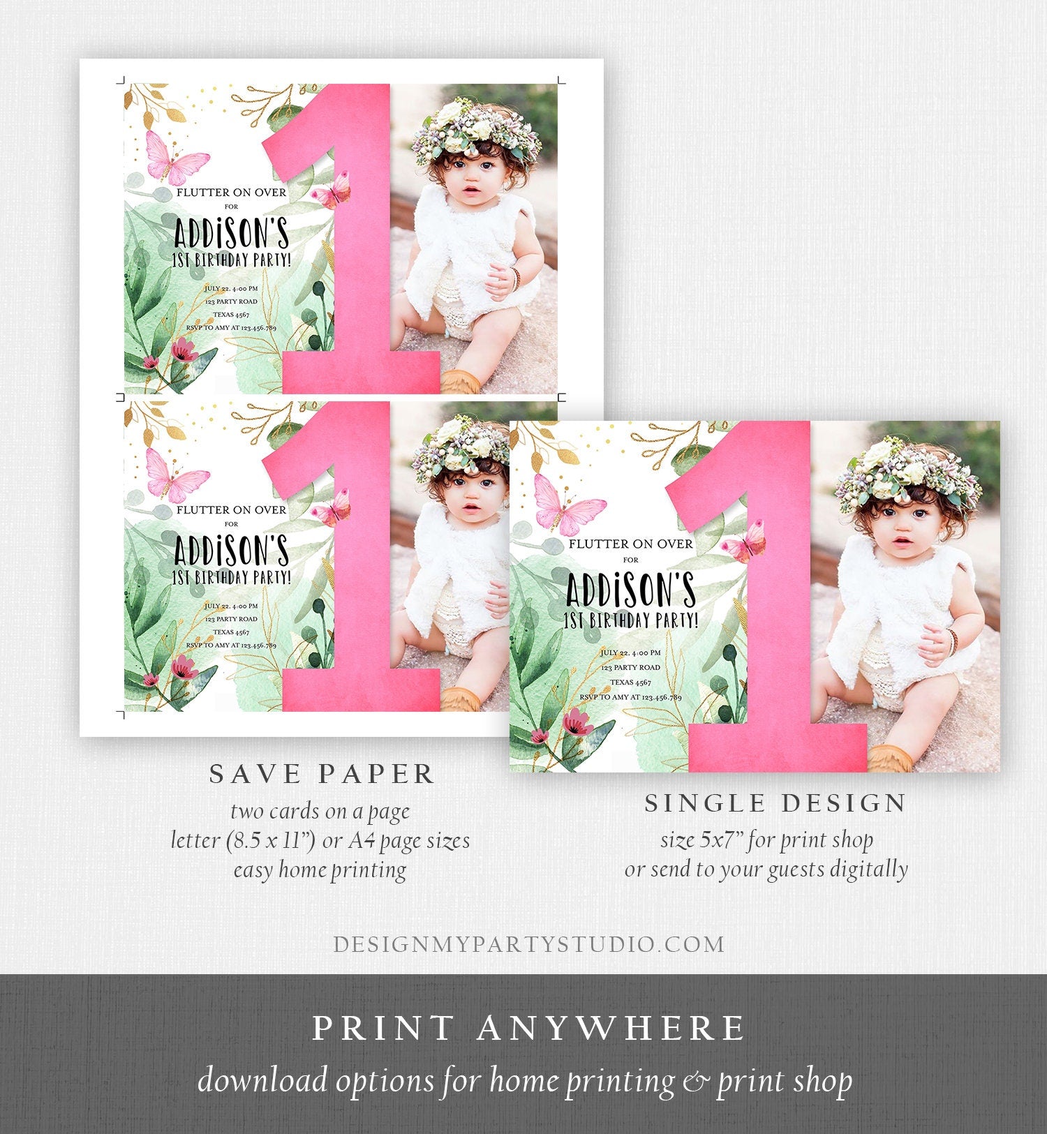 Editable Butterfly 1st Birthday Invitation Butterfly Invitation Garden Floral Flowers Pink Gold Girl Download Printable Template Corjl 0170