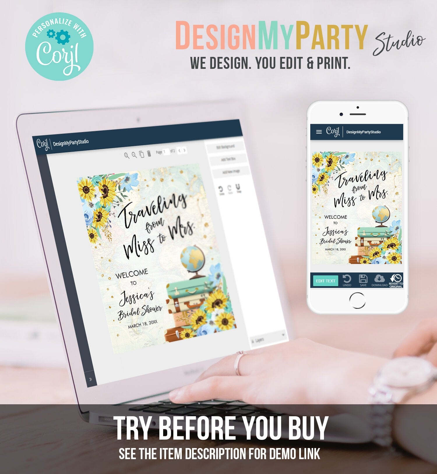 Editable Miss to Mrs Welcome Sign Sunflowers Bridal Shower Traveling From Adventure Love is a Journey Floral Blue Teal Corjl Template 0030