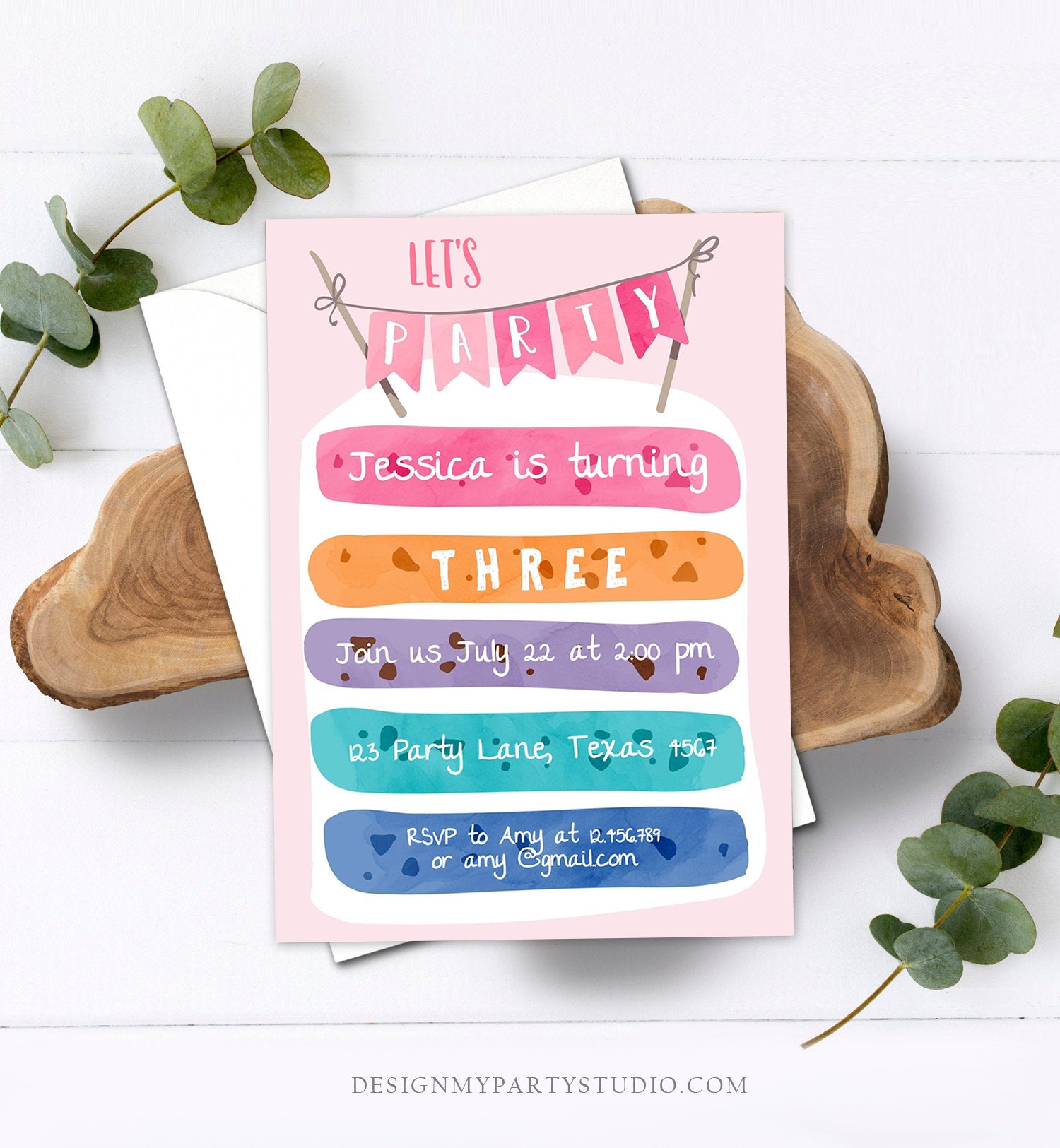 Editable Cake Birthday Invitation Cooking Girl Rainbow Cake Invite Girls Two Sweet Pink Download Printable Invitation Template Corjl 0121