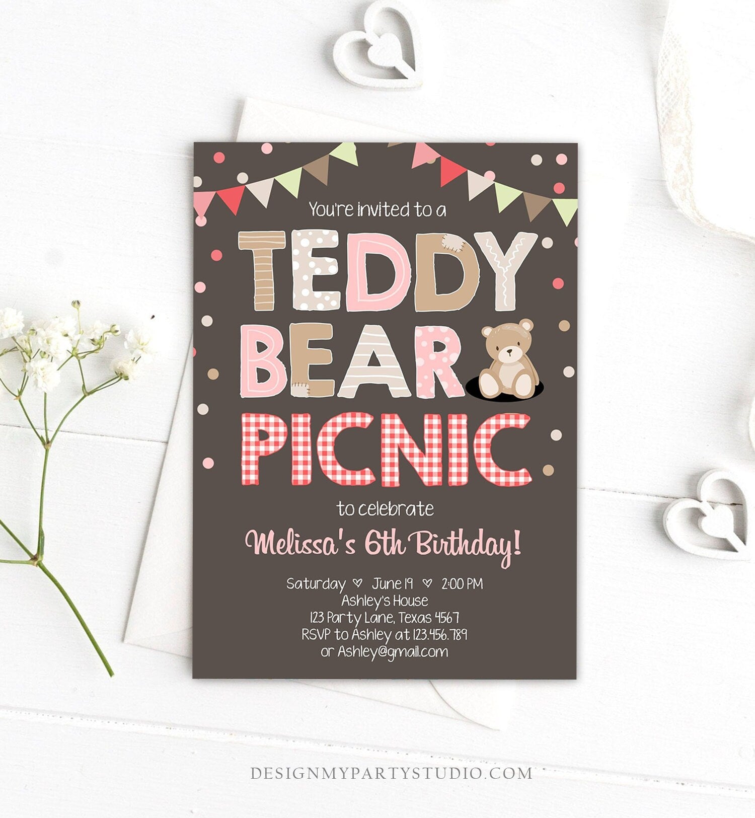 Editable Teddy Bear Picnic Birthday Invitation Girl Pink Red Gingham Bear Picnic Summer Outdoor Party Printable Digital Corjl Template 0100
