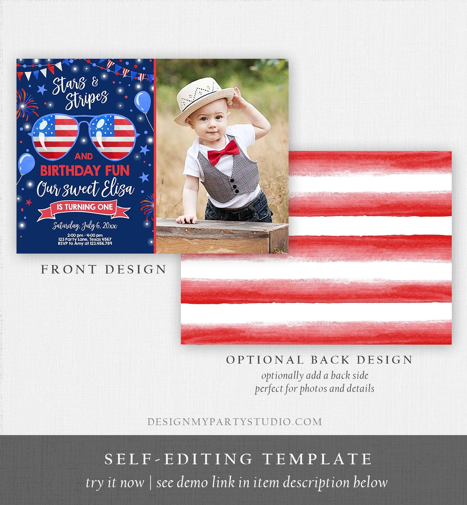 Editable Memorial Day Birthday Invitation 4th of July Little Firecracker Stars and Stripes Red White Blue Template Corjl Digital 0122