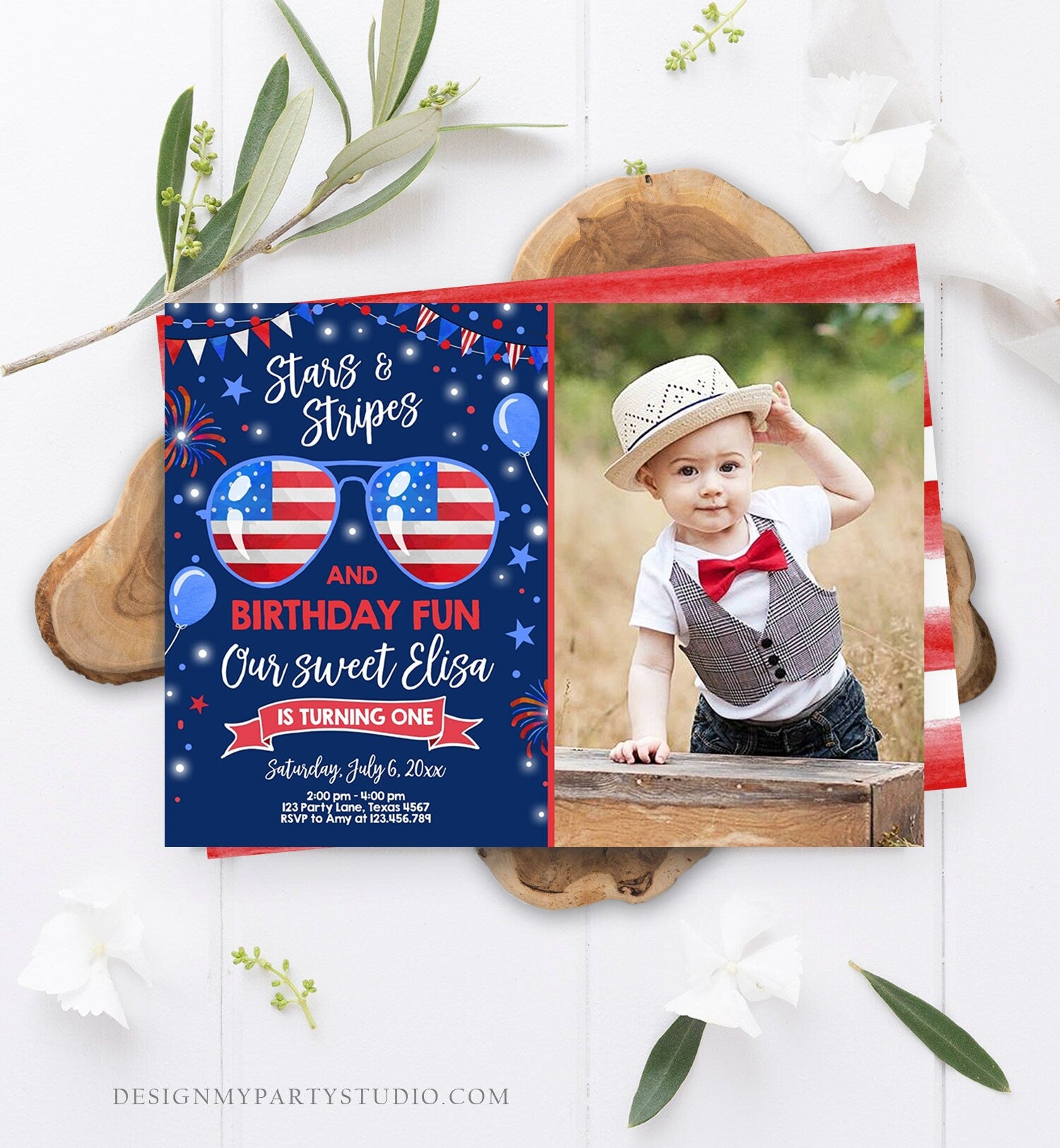 Editable Memorial Day Birthday Invitation 4th of July Little Firecracker Stars and Stripes Red White Blue Template Corjl Digital 0122
