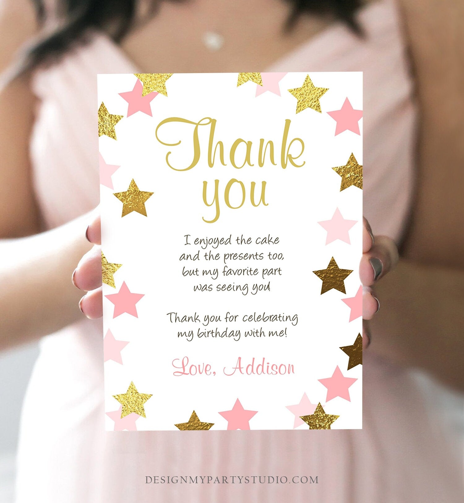 Editable Thank You Card Stars Thank you Note Twinkle Little Star Birthday Girl Pink and Gold Download Printable Template Corjl Digital 0082