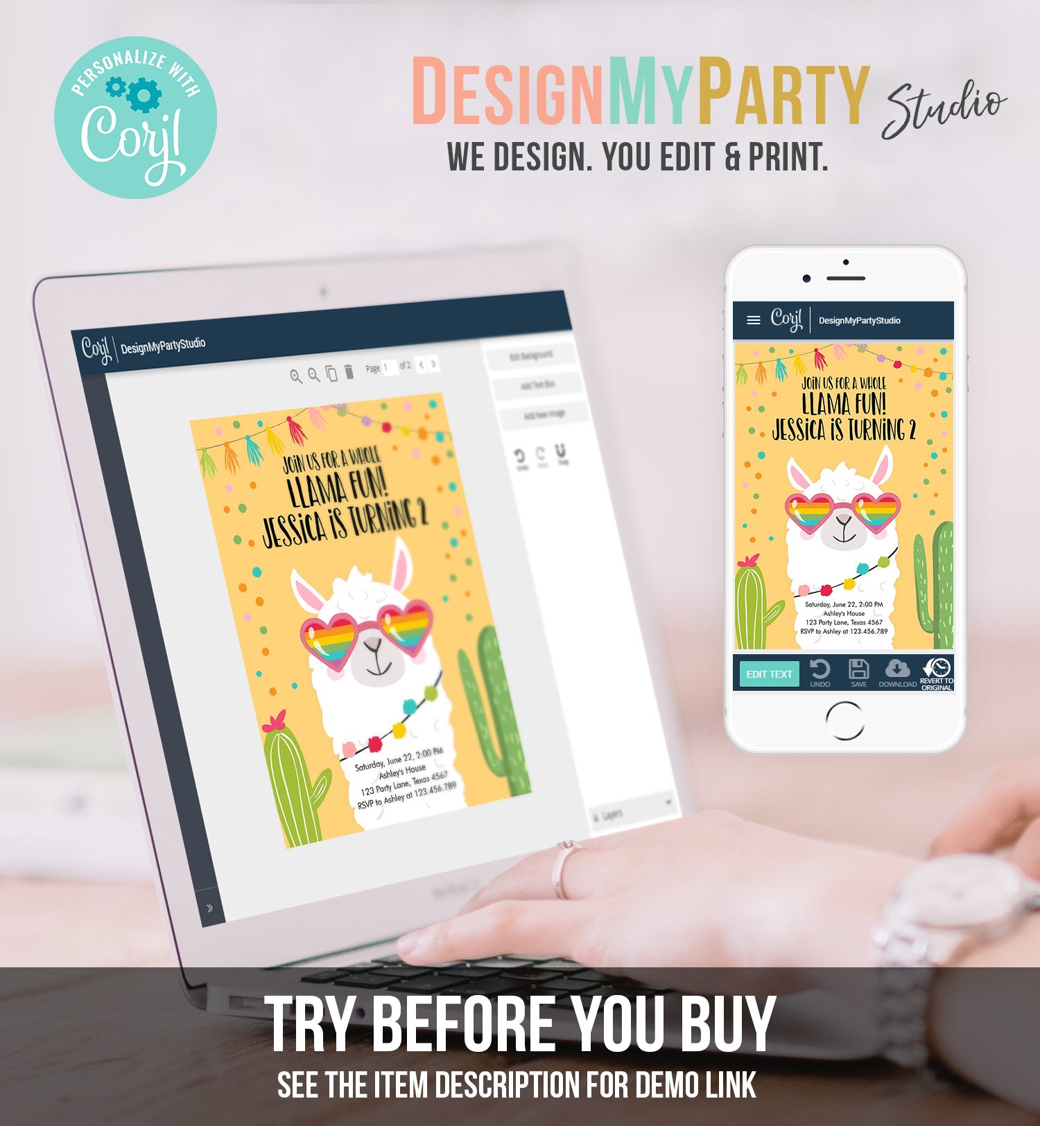 Editable Whole Llama Fun Birthday Invitation Fiesta Llama Cactus Mexican Party Yellow Sunglasses Girl Alpaca Corjl Template Printable 0079