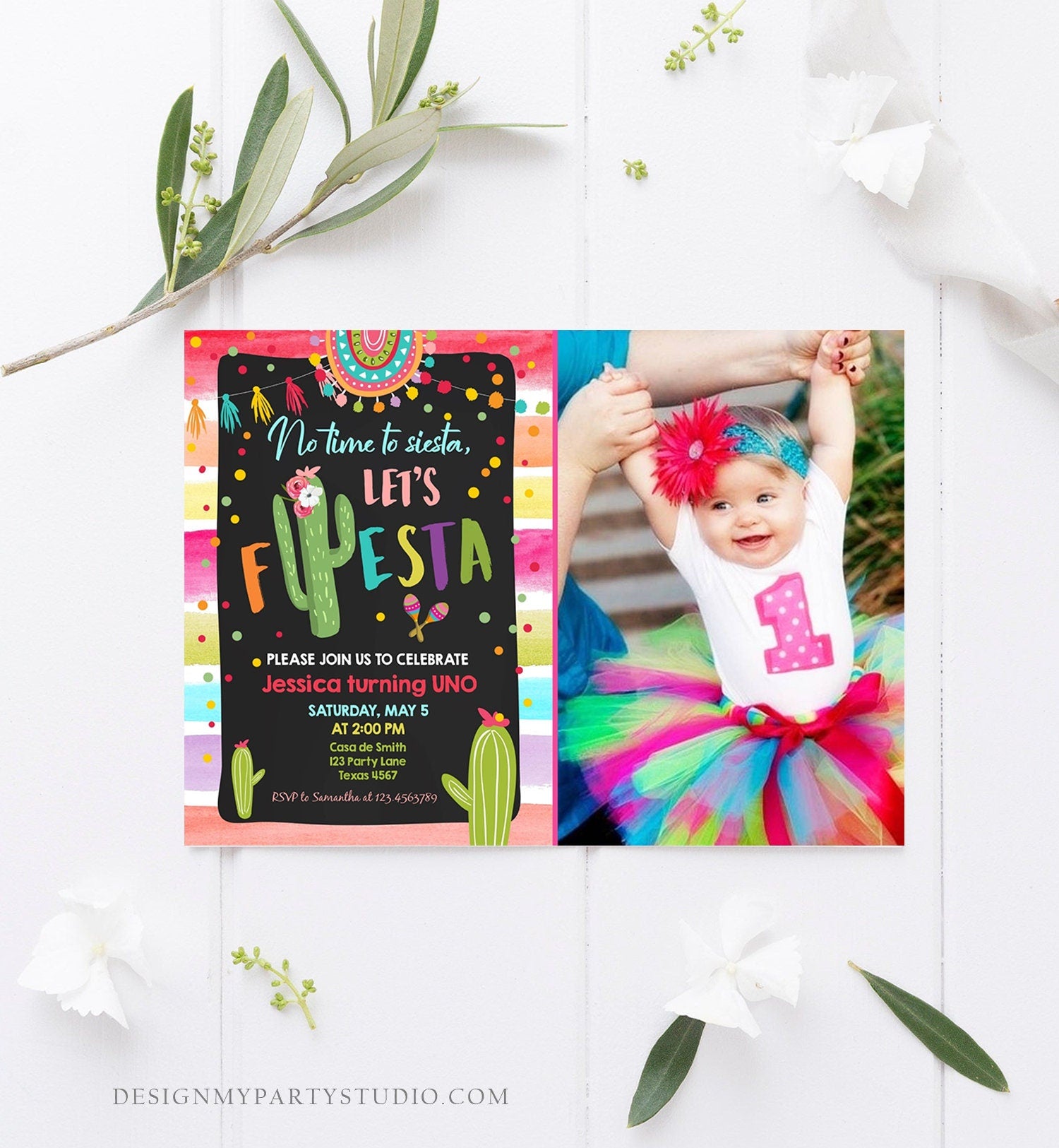 Editable Let's Fiesta Birthday Invitation Cactus Succulent First Birthday Party Girl 1st Mexican Uno Download Corjl Template Printable 0134
