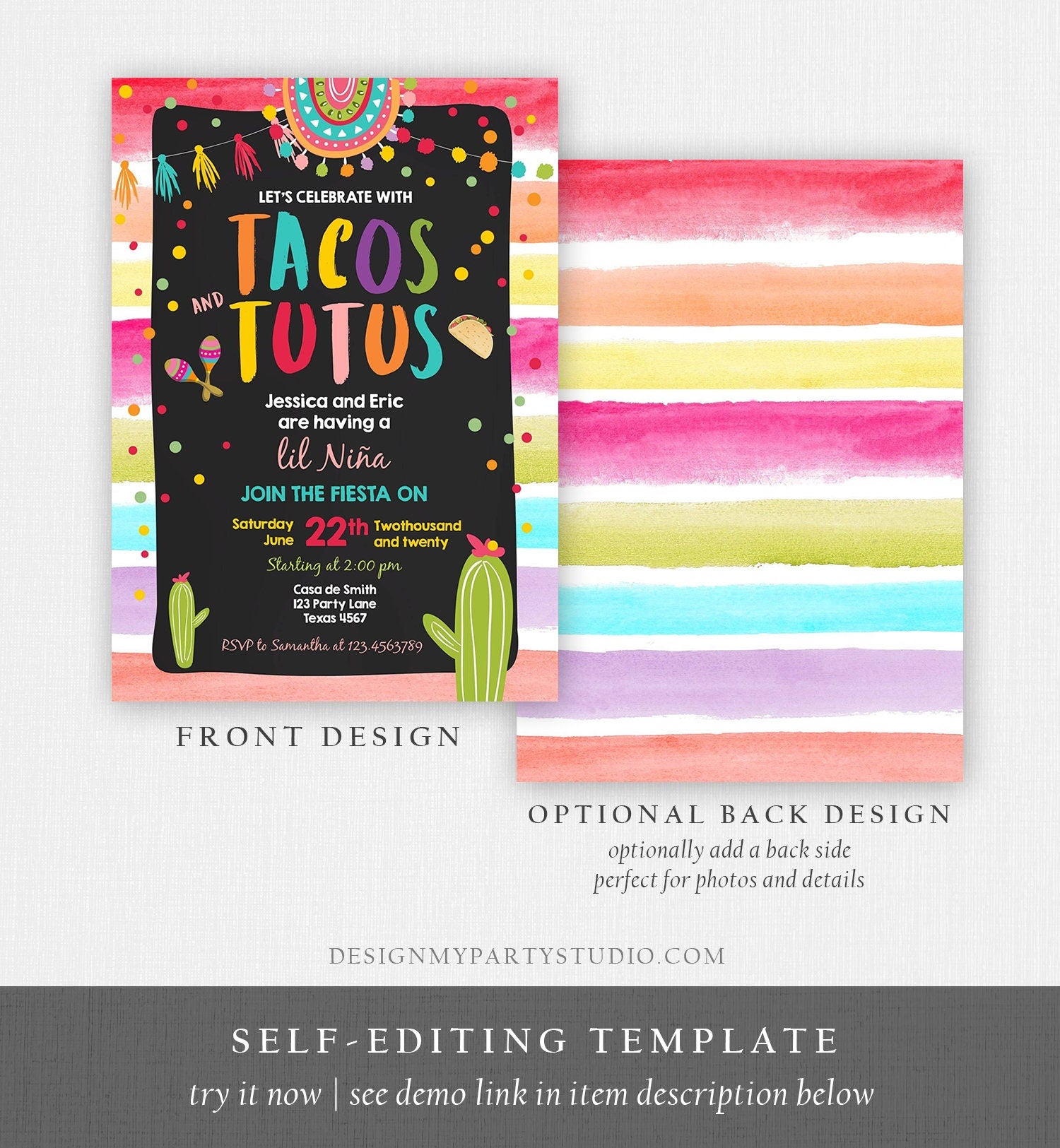 Editable Fiesta Tacos and Tutus Baby Shower Invitation Cactus Mexican Fiesta Couples Shower Taco Sprinkle Corjl Template Printable 0134