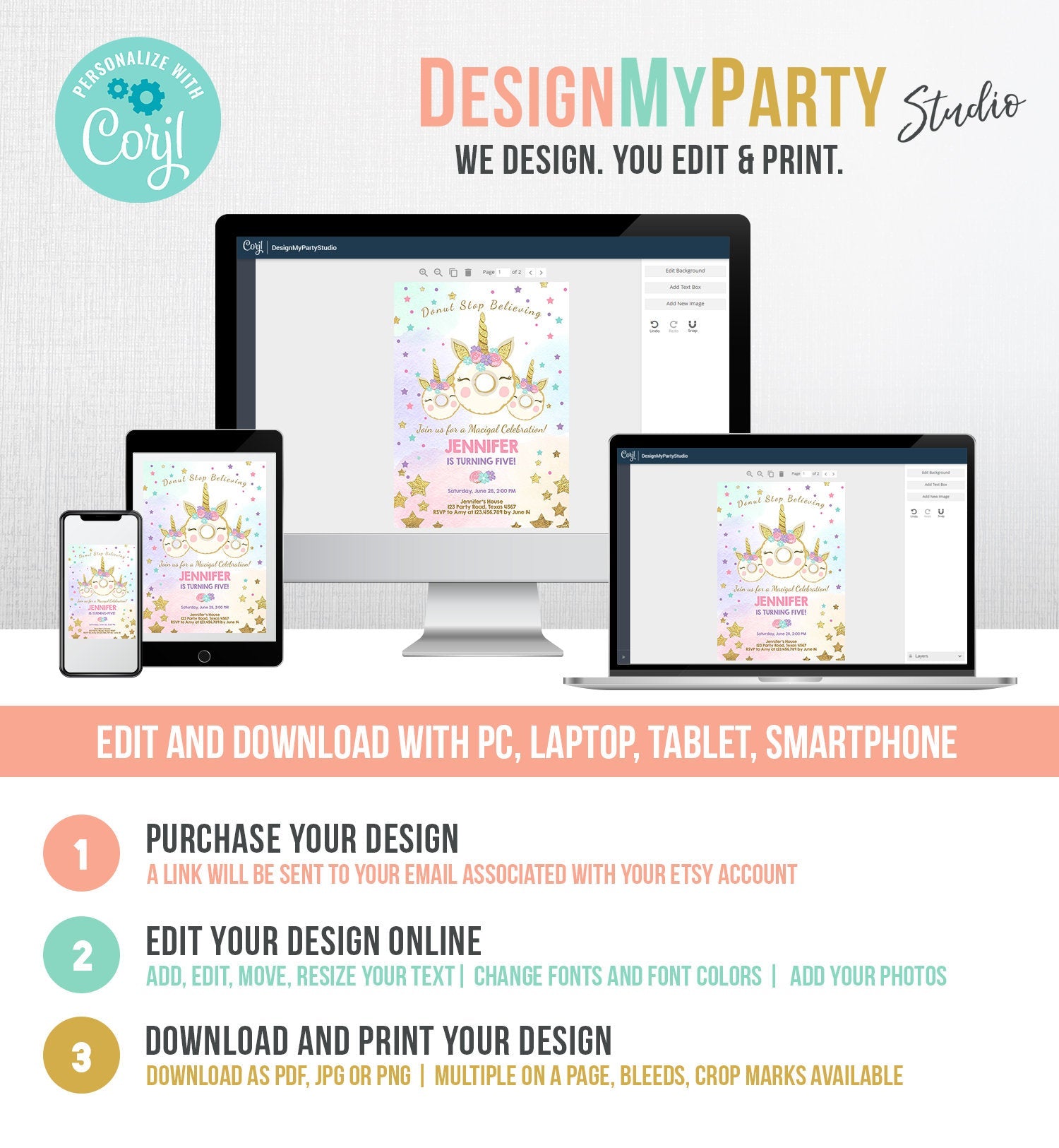 Editable Donut Unicorn Birthday Invitation Donut Stop Believing Magical Rainbow Party Doughnut Girl Pink Gold Corjl Template Printable 0041