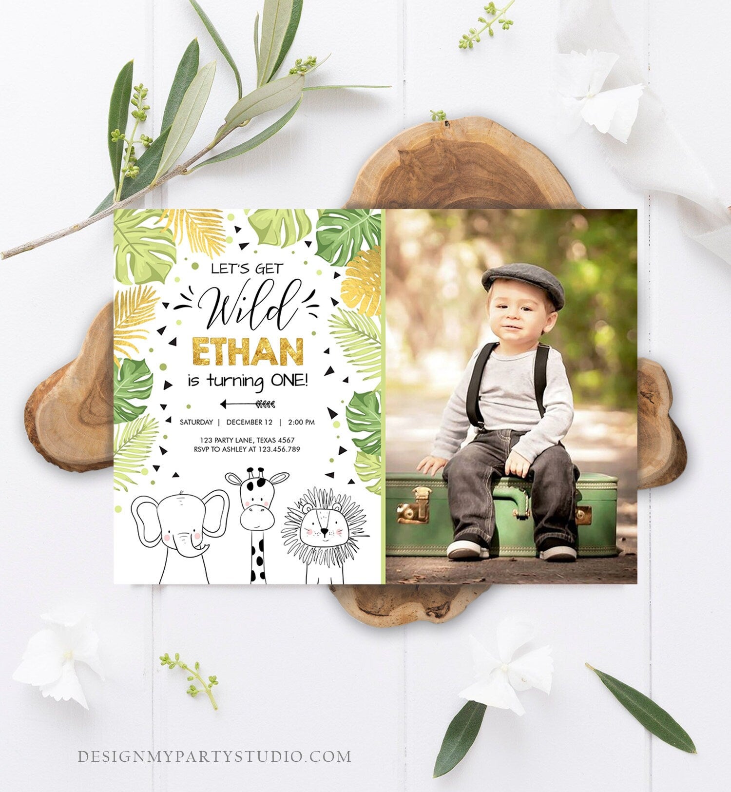 Editable Safari Animals Birthday Invitation Boy Girl First Birthday Let's Get Wild One Jungle Zoo Animals Black Modern Corjl Template 0039
