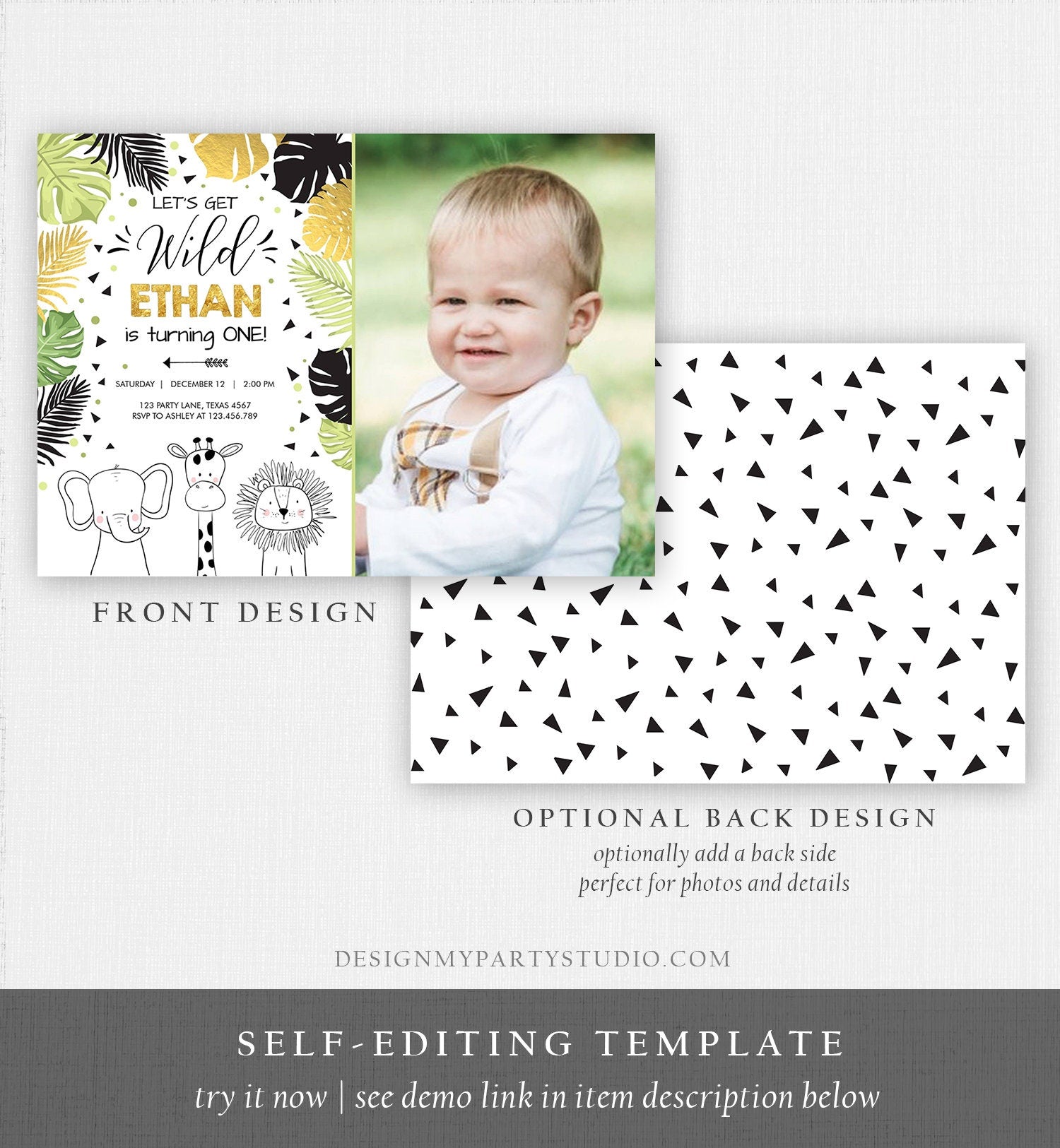 Editable Safari Animals Birthday Invitation Boy Girl First Birthday Let's Get Wild One Jungle Zoo Animals Black Modern Corjl Template 0039
