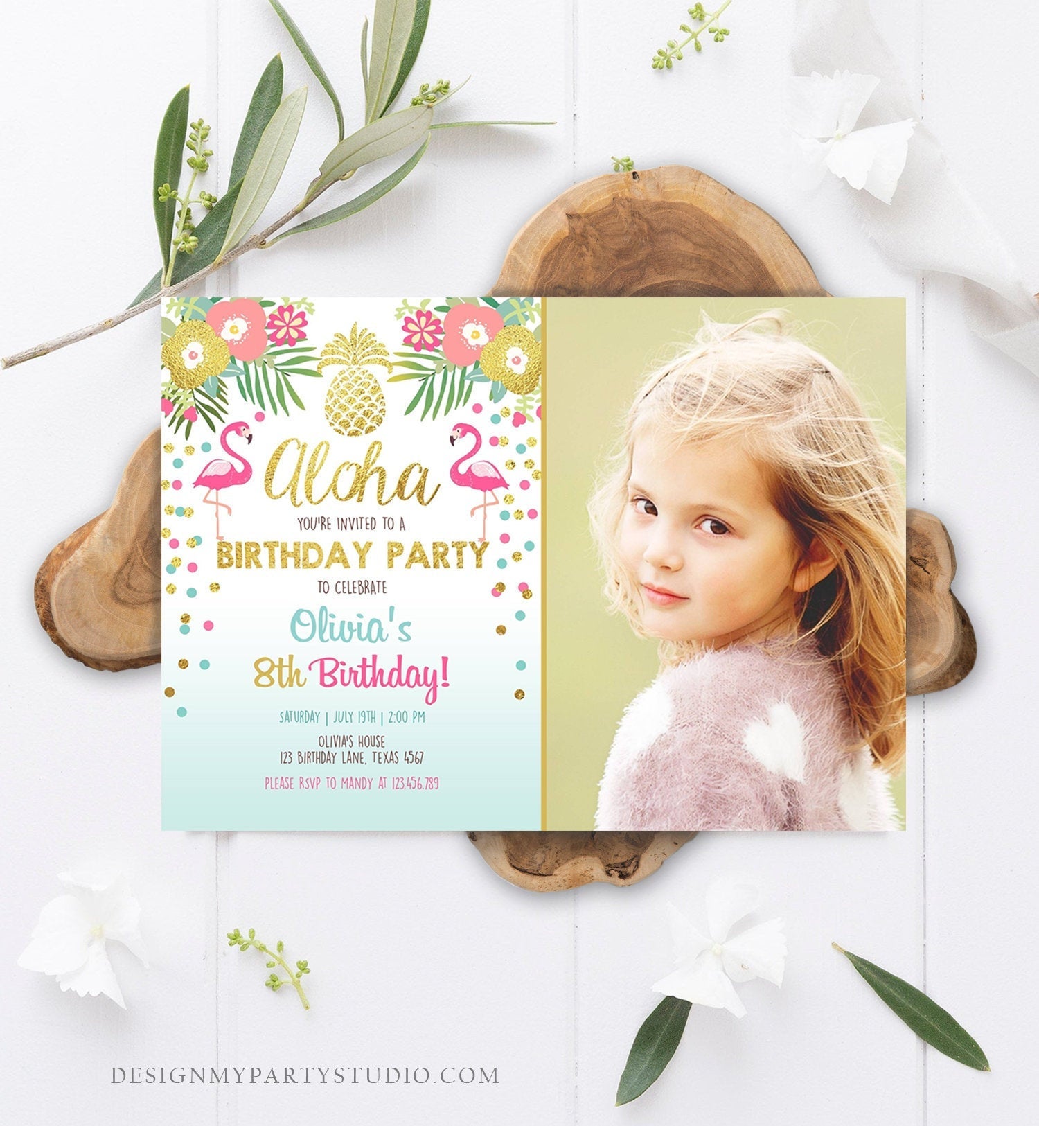 Editable Aloha Birthday Invitation Tropical Flamingo Luau Party Leaves Confetti Pink Gold Pineapple Hawaiian Corjl Template Printable 0200