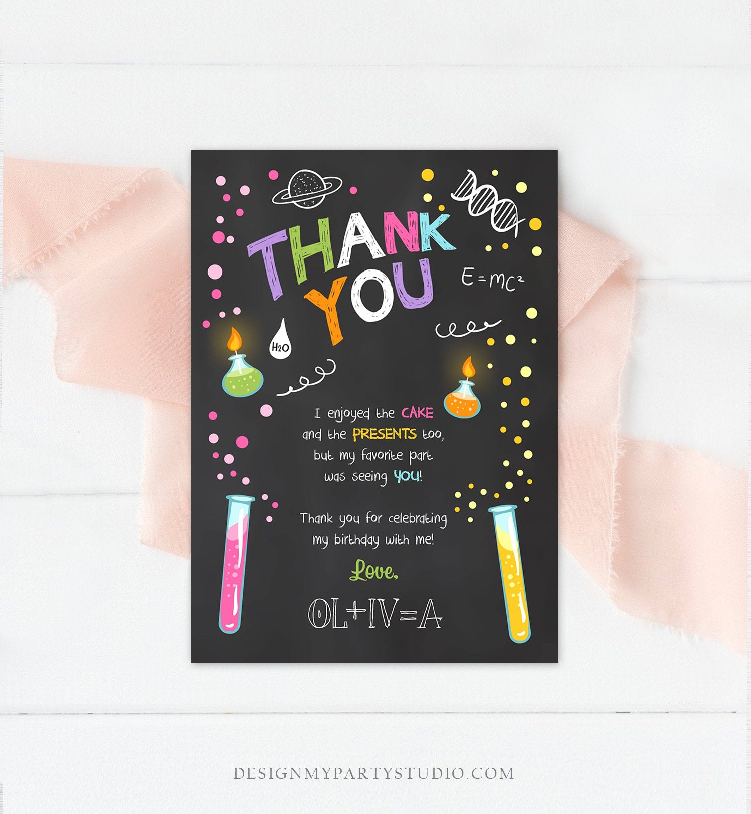 Editable Science Experiment Thank You Card Birthday Girl Party Mad Scientist Lab Slime Party Professor Digital Corjl Template Printable 0094