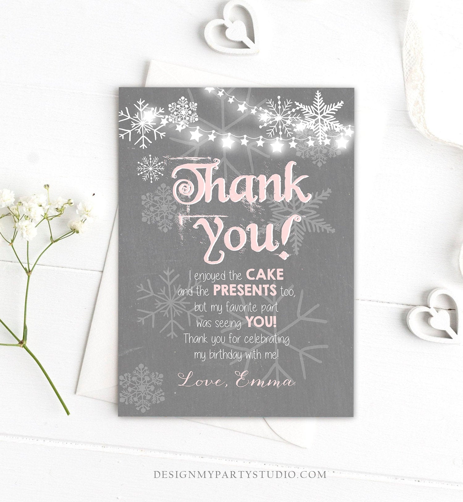 Editable Winter Onederland Thank You Card First Birthday Winter Thank You Note Pink Grey Girl Snowflake 1st Corjl Template Printable 0027