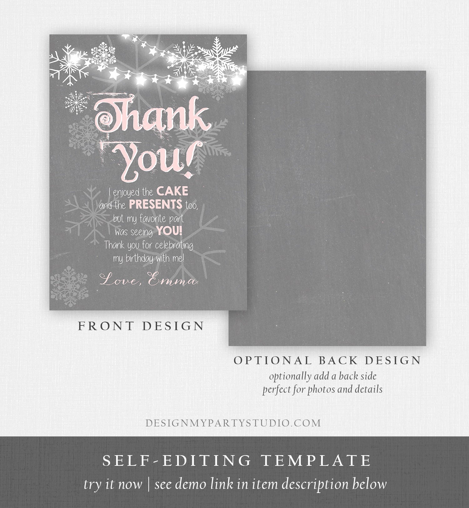 Editable Winter Onederland Thank You Card First Birthday Winter Thank You Note Pink Grey Girl Snowflake 1st Corjl Template Printable 0027