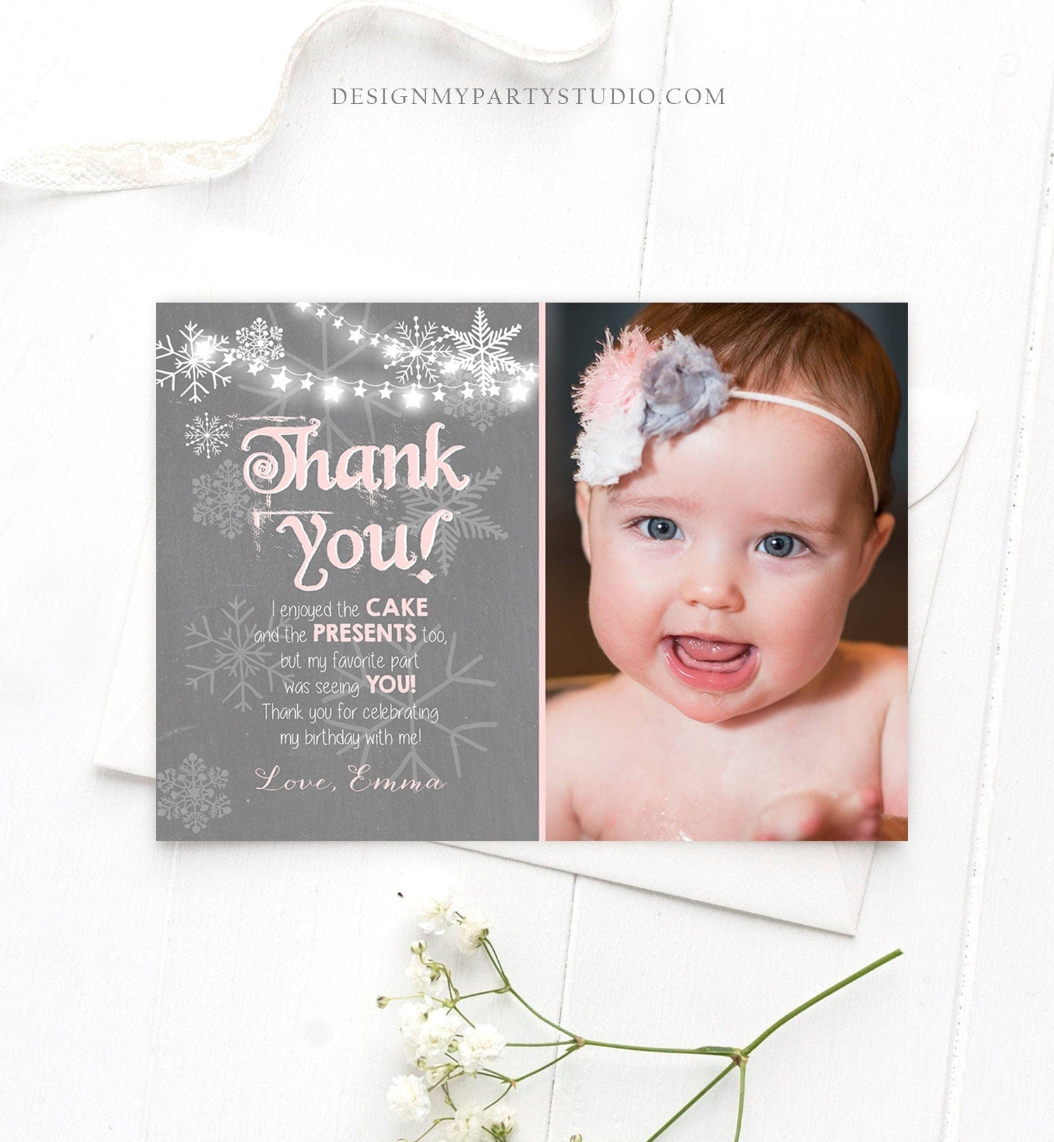 Editable Winter Onederland Thank You Card First Birthday Winter Thank You Note Pink Grey Girl Snowflake 1st Corjl Template Printable 0027