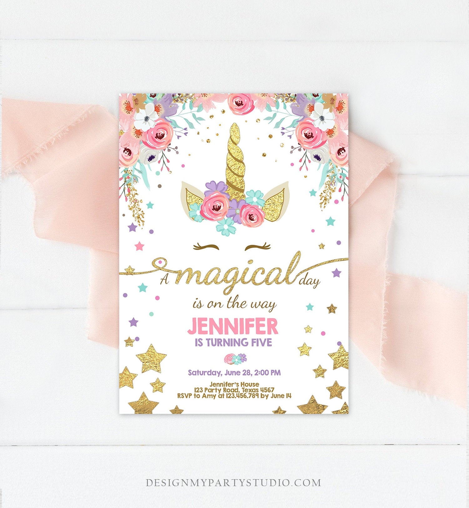 Editable Magical Unicorn Birthday Invitation Magical Day Rainbow Pastel Pink Girl Gold Stars Floral Download Corjl Template Printable 0041