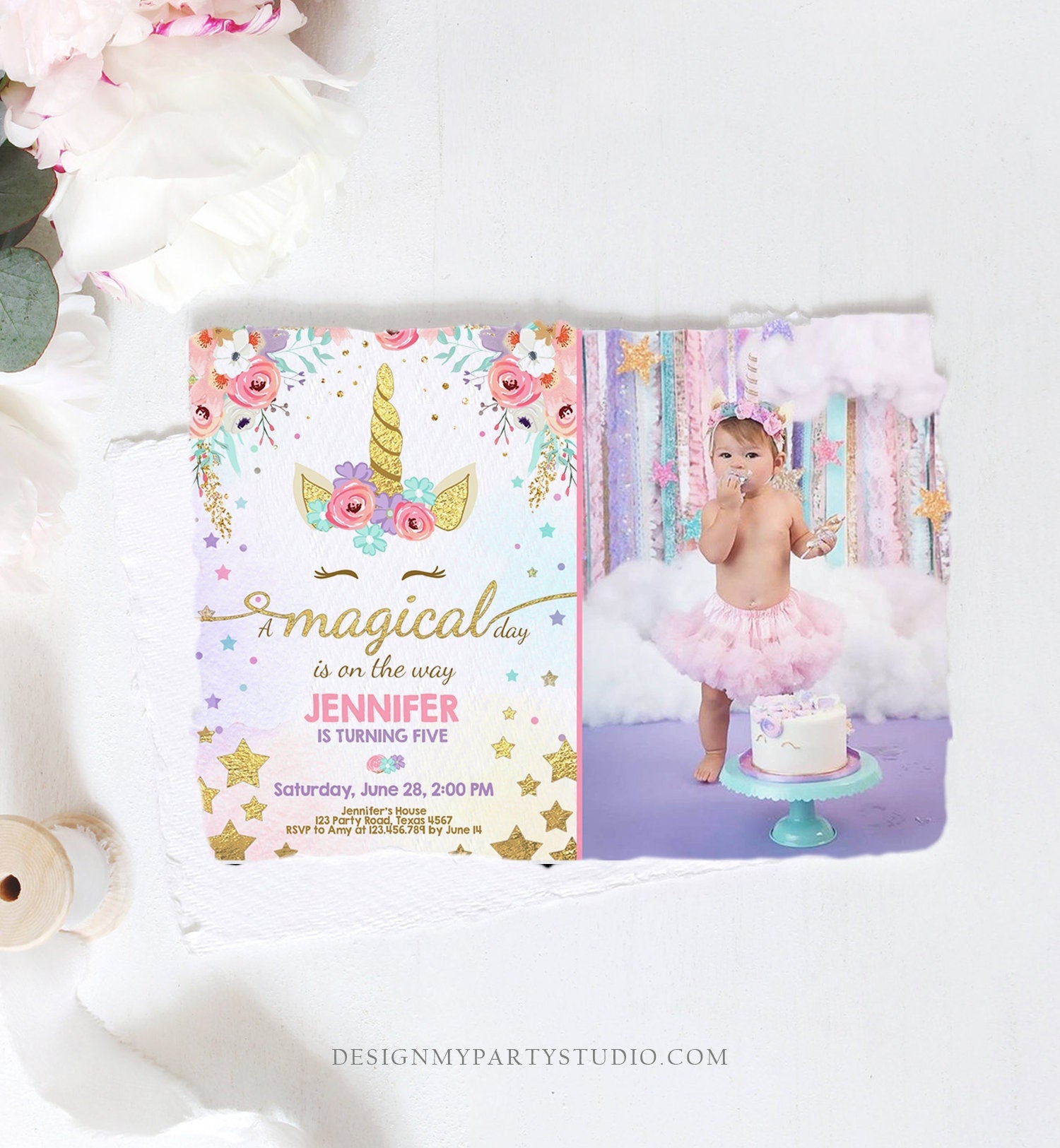Editable Magical Unicorn Birthday Invitation Magical Day Rainbow Pastel Pink Girl Gold Stars Floral Download Corjl Template Printable 0041