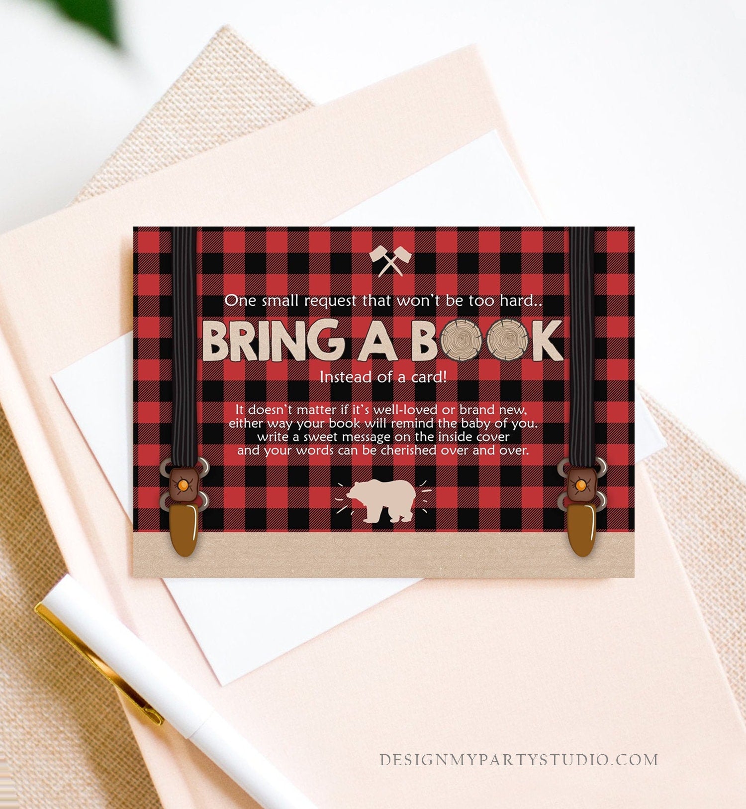 Editable Bring a Book Card Lumberjack Baby Shower Buffalo Plaid Book Insert Books for Baby Book Request Bear Template PRINTABLE Corjl 0026