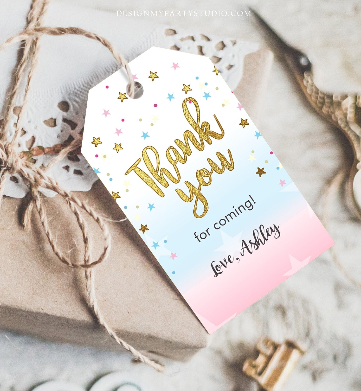 Editable Thank you Tags Little Star Baby Shower Favor tags Twinkle Twinkle Gender Reveal Gold Pink Blue He or She Corjl Template 0235